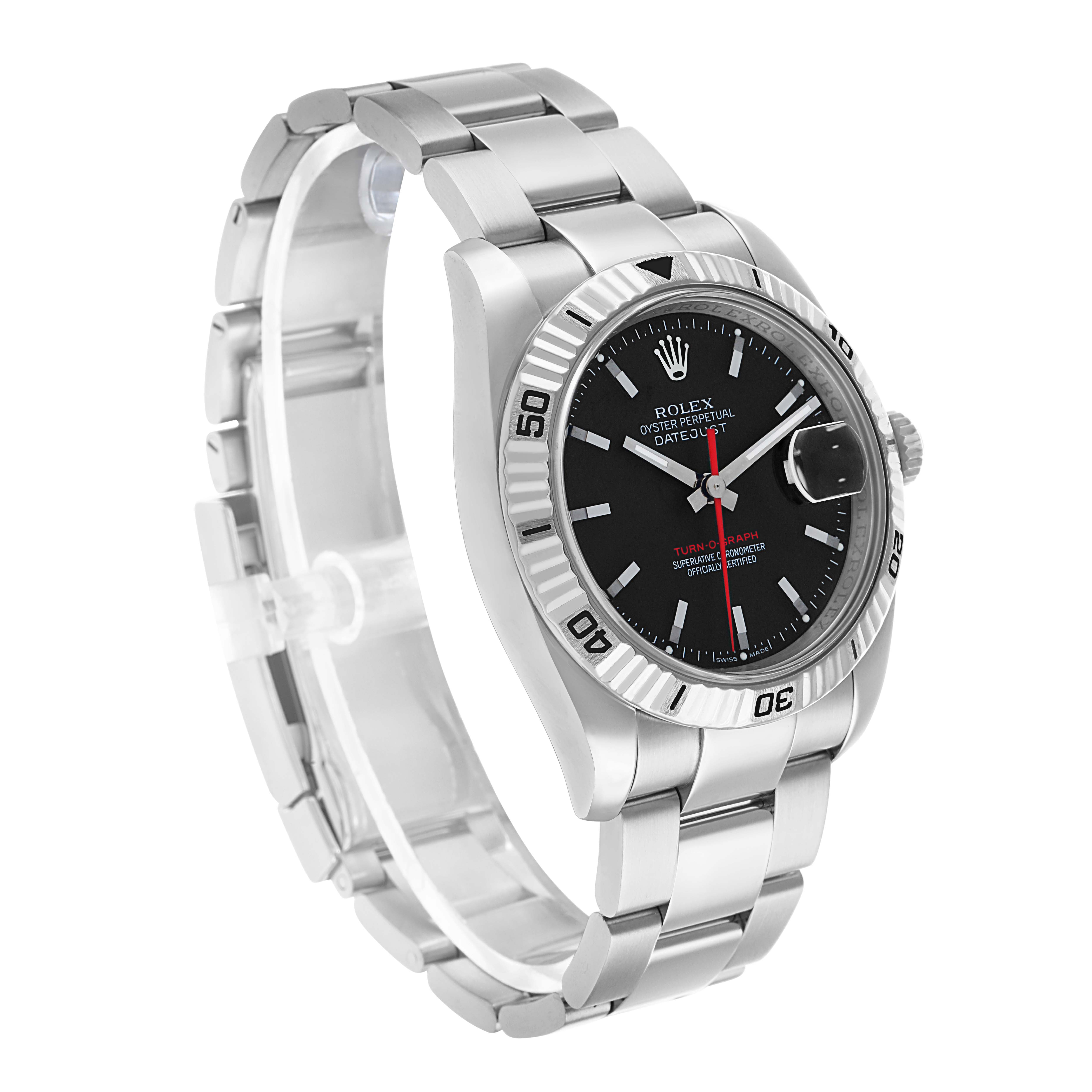 The Rolex Turn-o-Graph 116264 Men's Stainless Steel Black Dial watch is shown at a three-quarter angle, highlighting the bezel, dial, case, and bracelet.