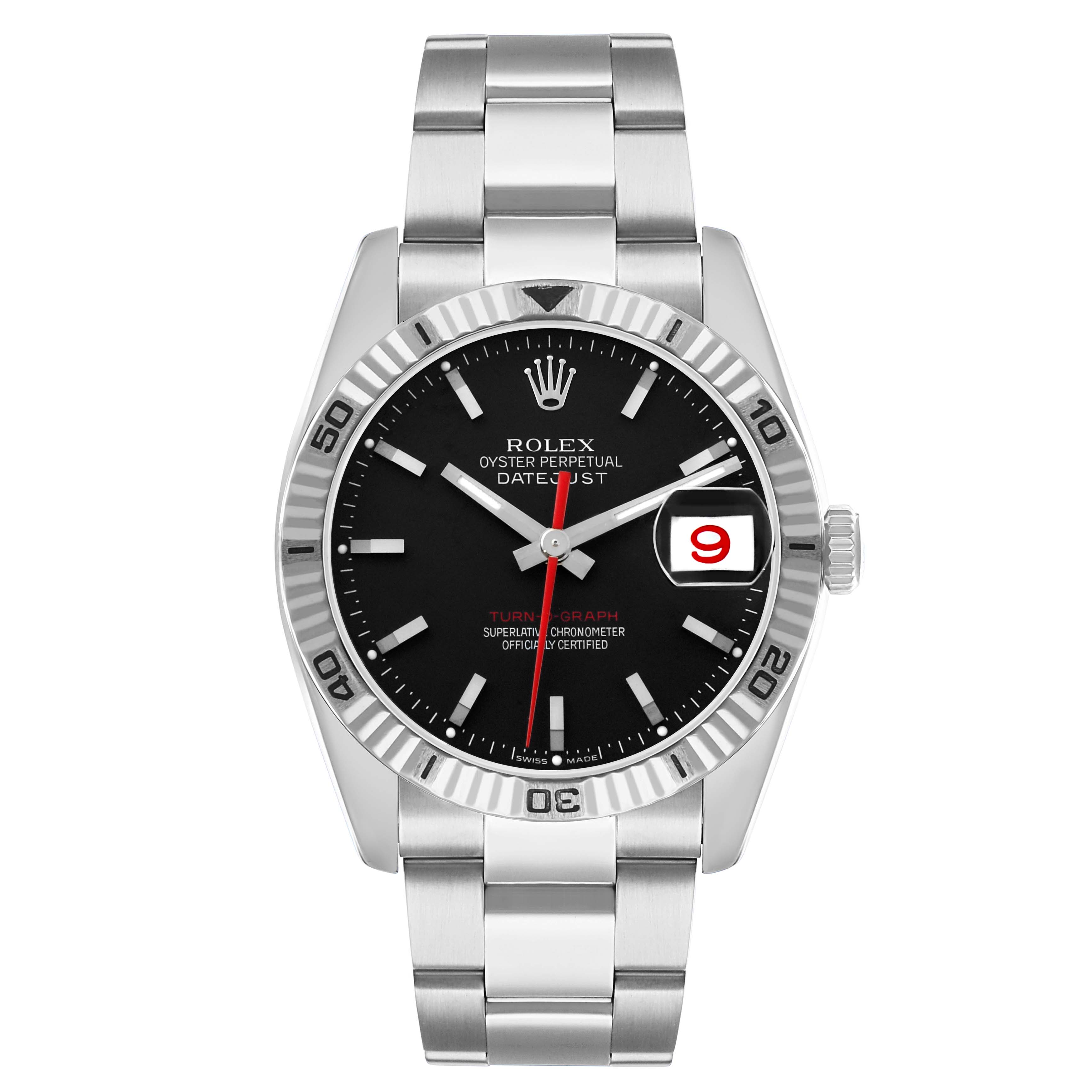 The Rolex Turn-o-Graph 116264 Men's Stainless Steel Black Dial is shown from the front, displaying the dial, bezel, crown, and bracelet.
