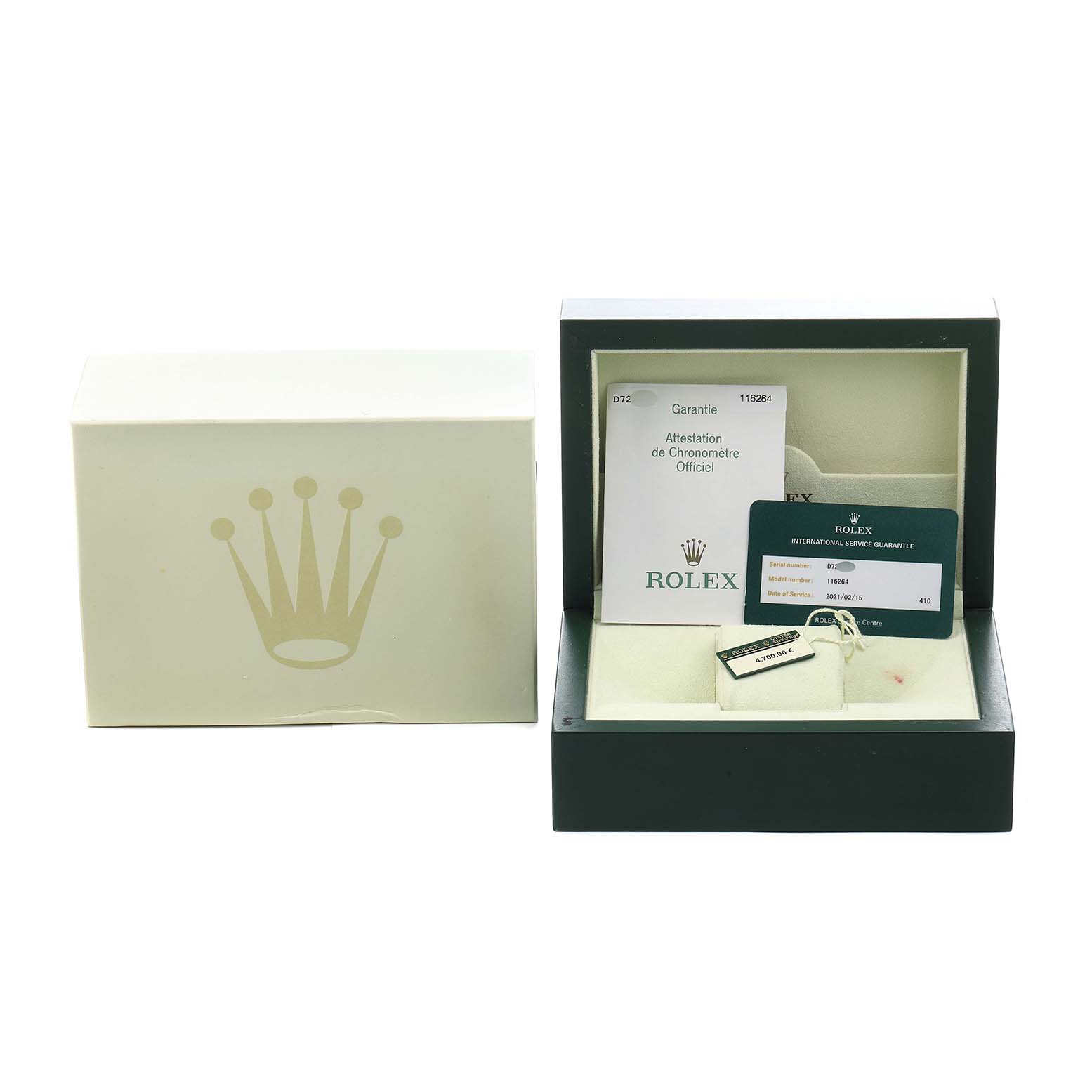 The image shows a Rolex Turn-o-Graph 116264 Men's Stainless Steel Black Dial watch box with warranty card, booklets, and tags displayed at a straight-on angle.
