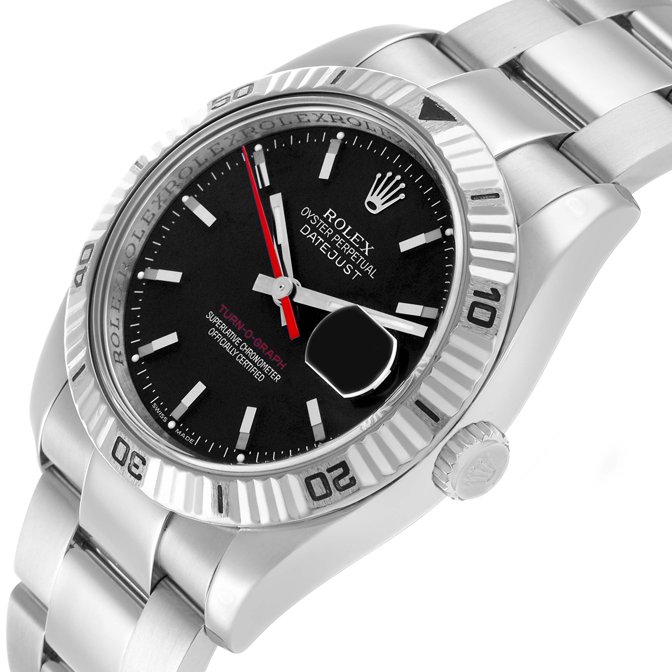 The Rolex Turn-o-Graph 116264 Men's Stainless Steel Black Dial watch is displayed at an angled view, showing the bezel, dial, bracelet, crown, and part of the case.