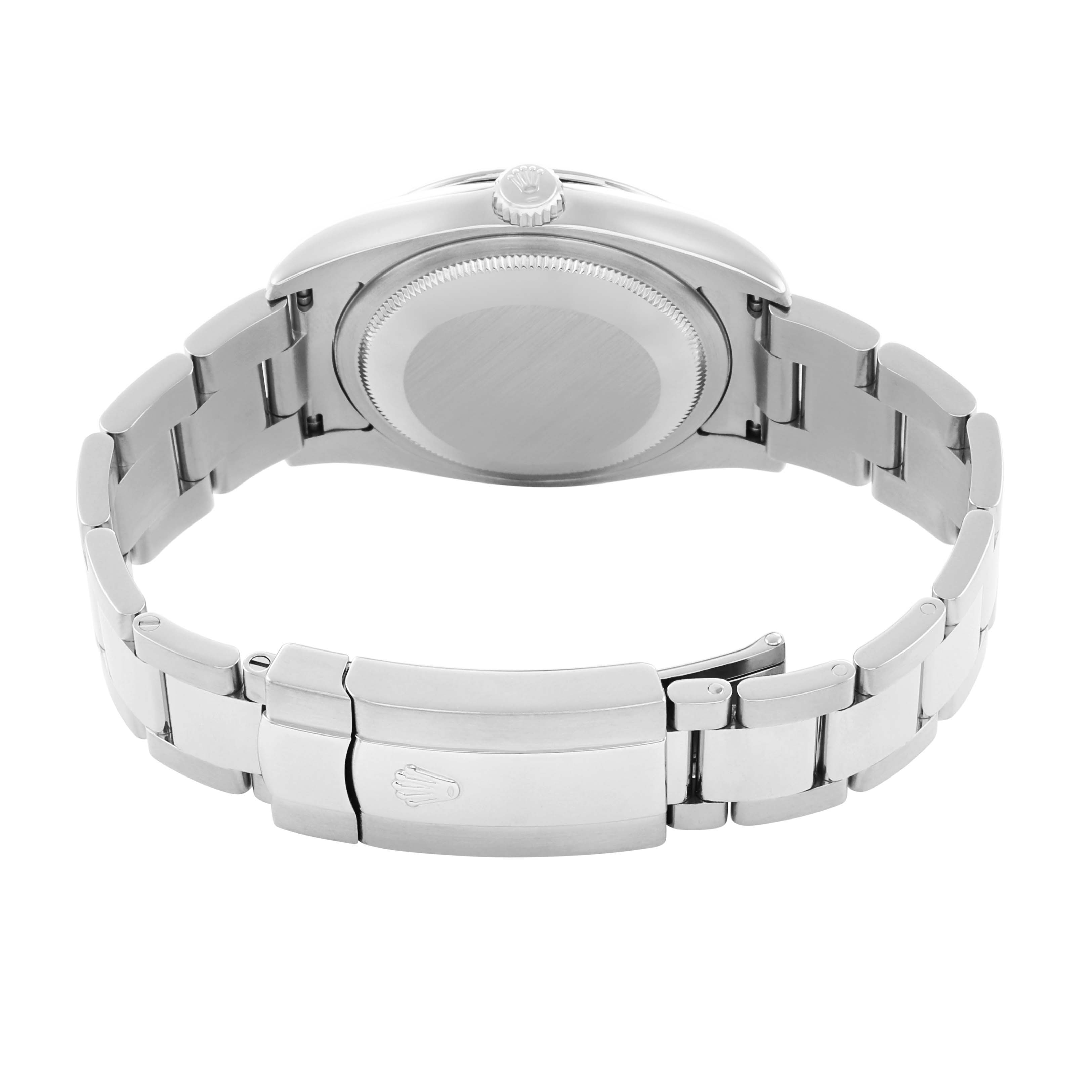 The image shows the back of a Rolex Turn-o-Graph 116264 Men's Stainless Steel Black Dial watch, highlighting the case back and metal bracelet with the clasp visible.