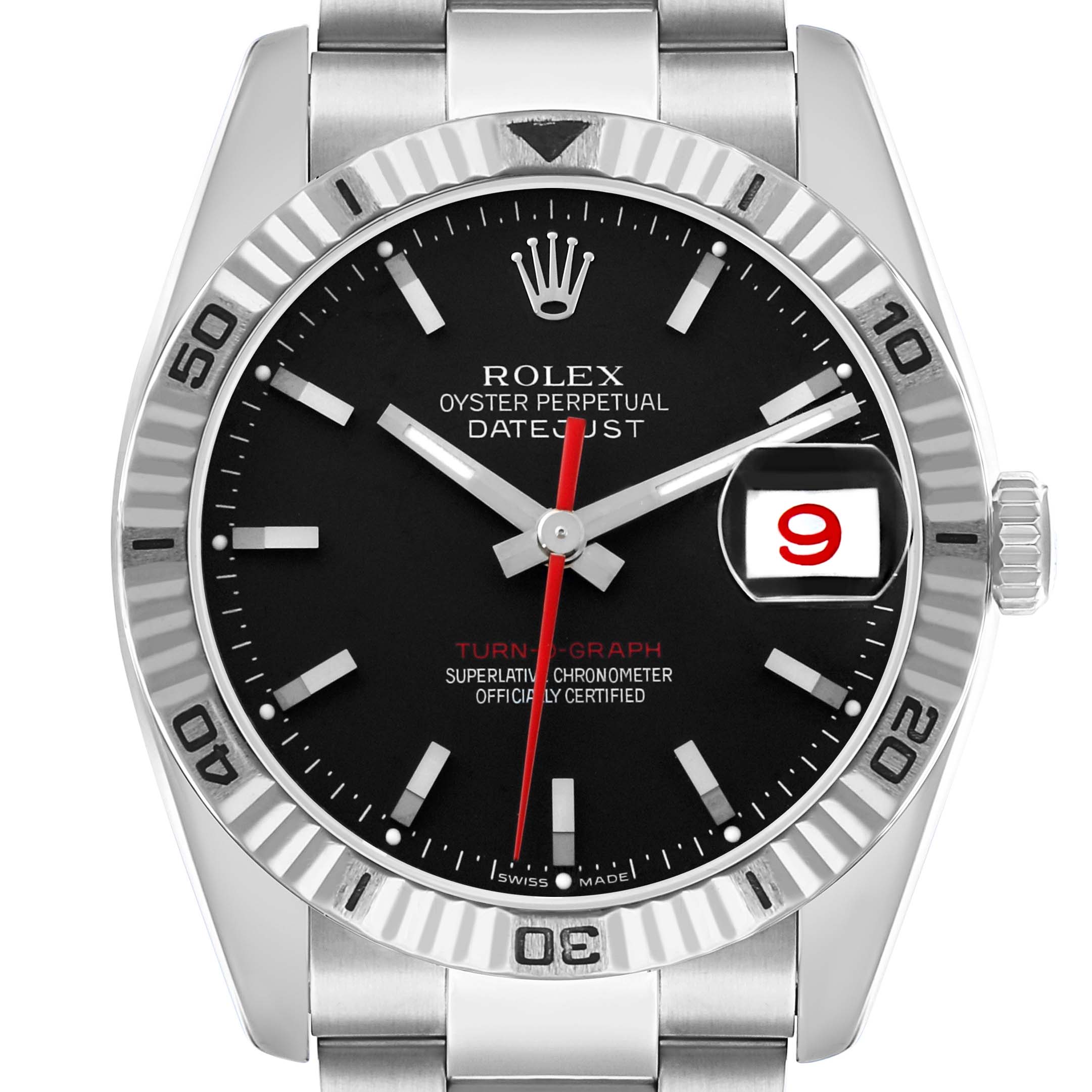 The Rolex Turn-o-Graph 116264 Men's Stainless Steel Black Dial is shown from a front angle, displaying its dial, bezel, and part of the bracelet.