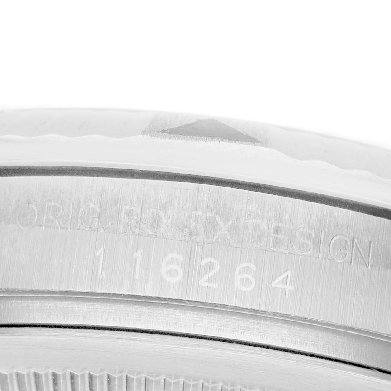 The image shows a close-up of the bezel and case side of the Rolex Turn-o-Graph 116264 Men's Stainless Steel Black Dial, highlighting the model number engraving.