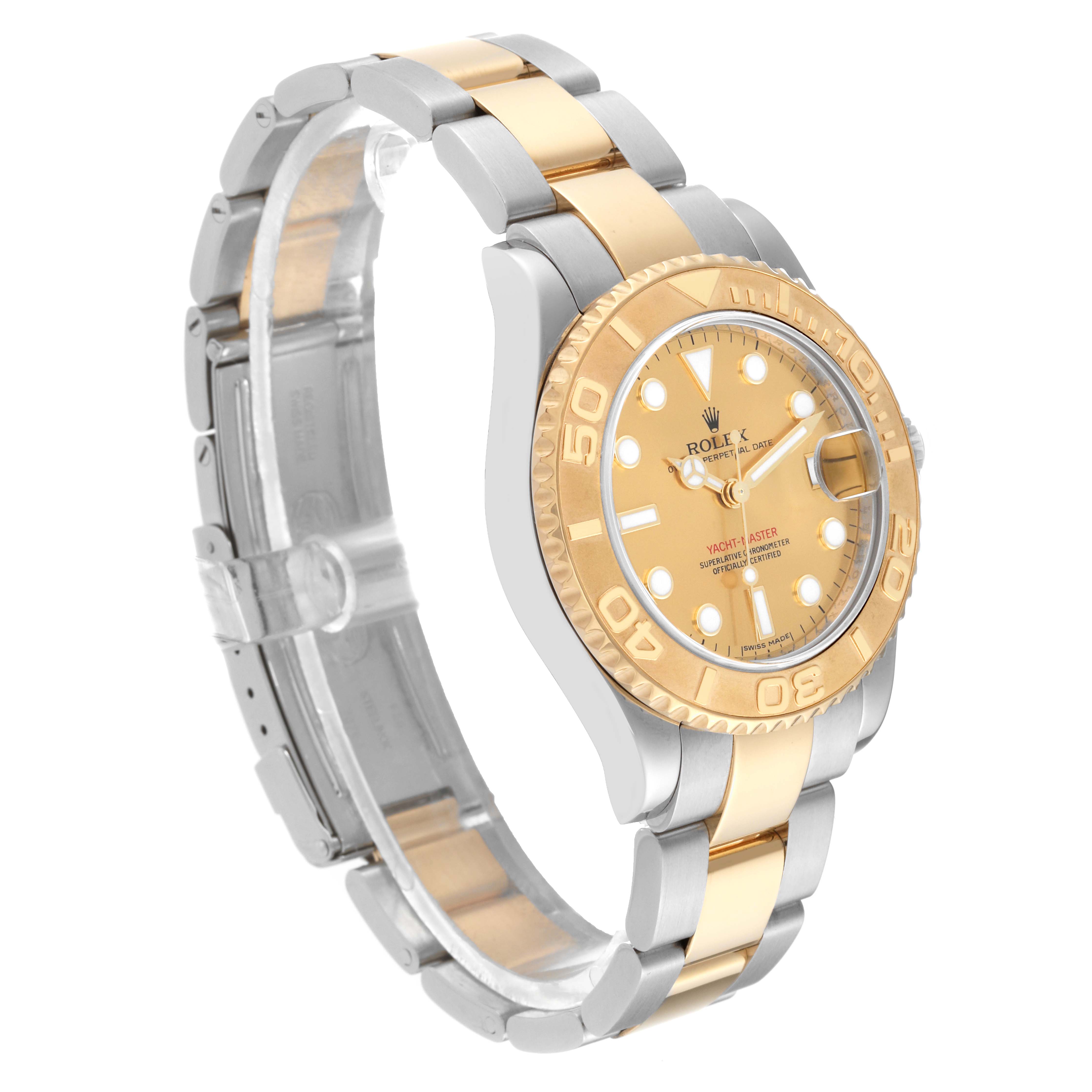 The image shows a side angle view of the Rolex Yacht-Master 168623 Men's Steel and Gold (two tone) Champagne Dial 168623 Men's Steel and Gold (two tone) Champagne Dial watch, highlighting its two-tone bracelet and gold bezel.
