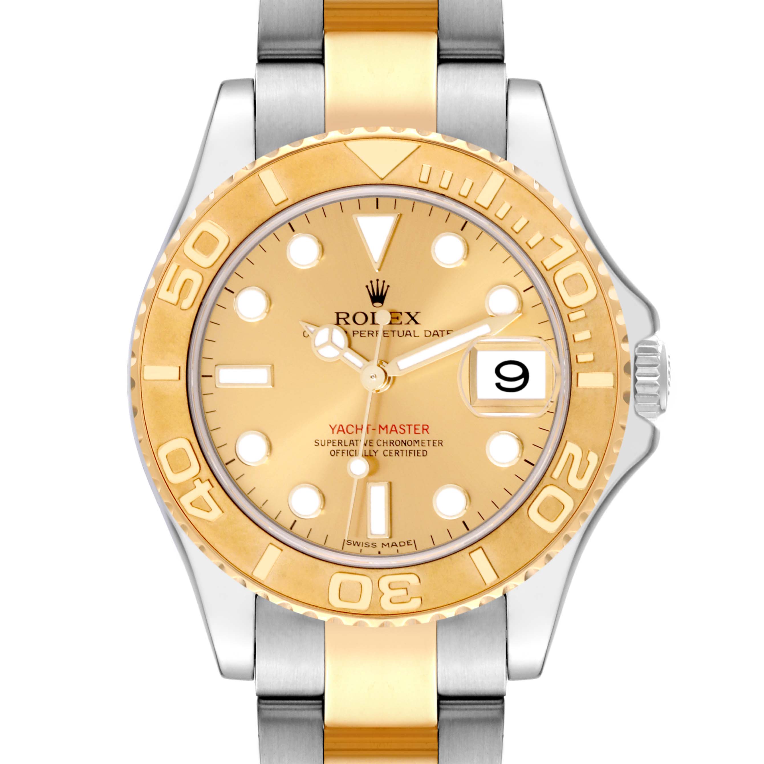 The image shows a front view of the Rolex Yacht-Master 168623 Men's Steel and Gold (two tone) Champagne Dial 168623 Men's Steel and Gold (two tone) Champagne Dial watch, showcasing its dial, bezel, bracelet, and crown.