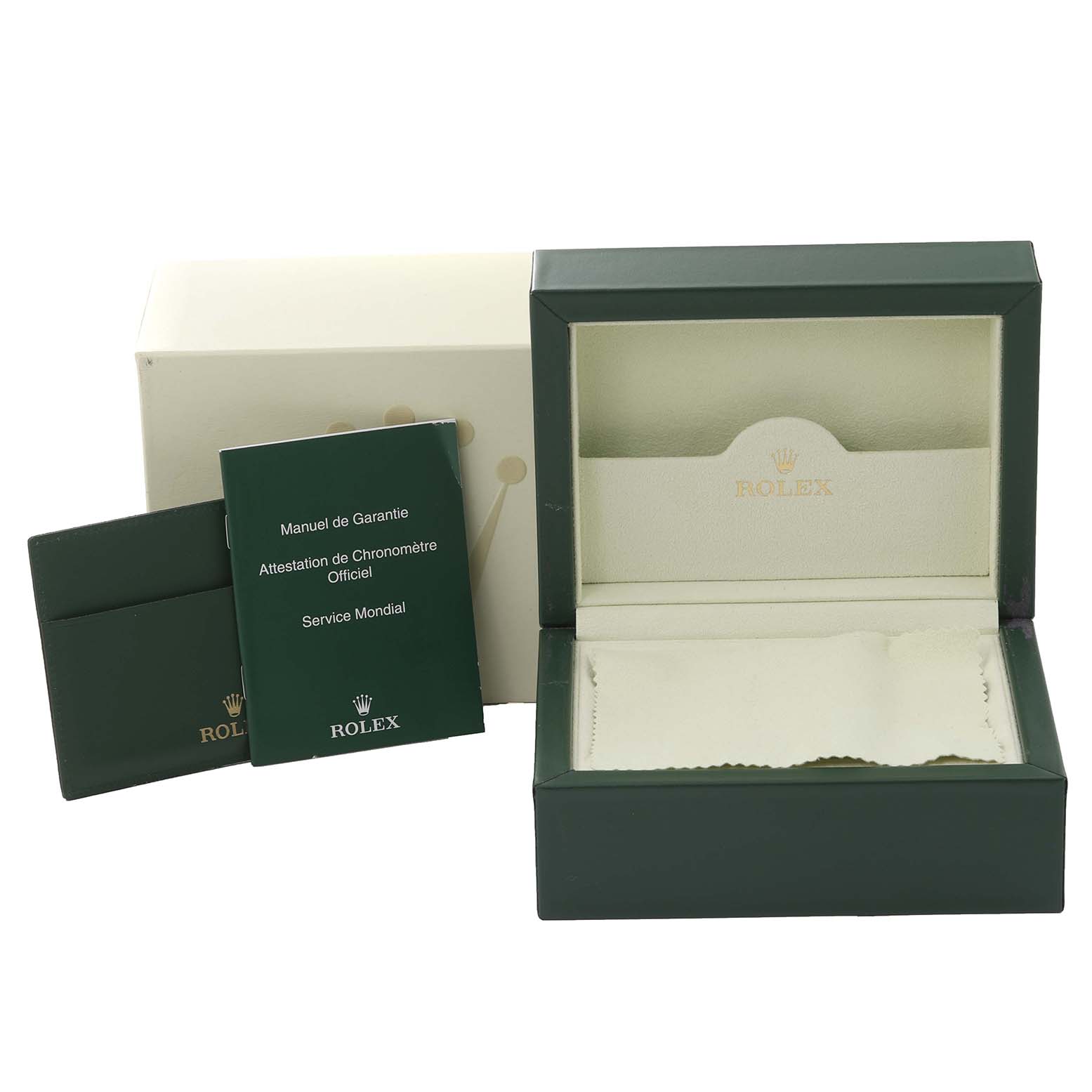 This image shows the Rolex Yacht-Master 168623 Men's Steel and Gold (two tone) Champagne Dial 168623 Men's Steel and Gold (two tone) Champagne Dial packaging, including the watch box, warranty booklet, and official chronometer certification.