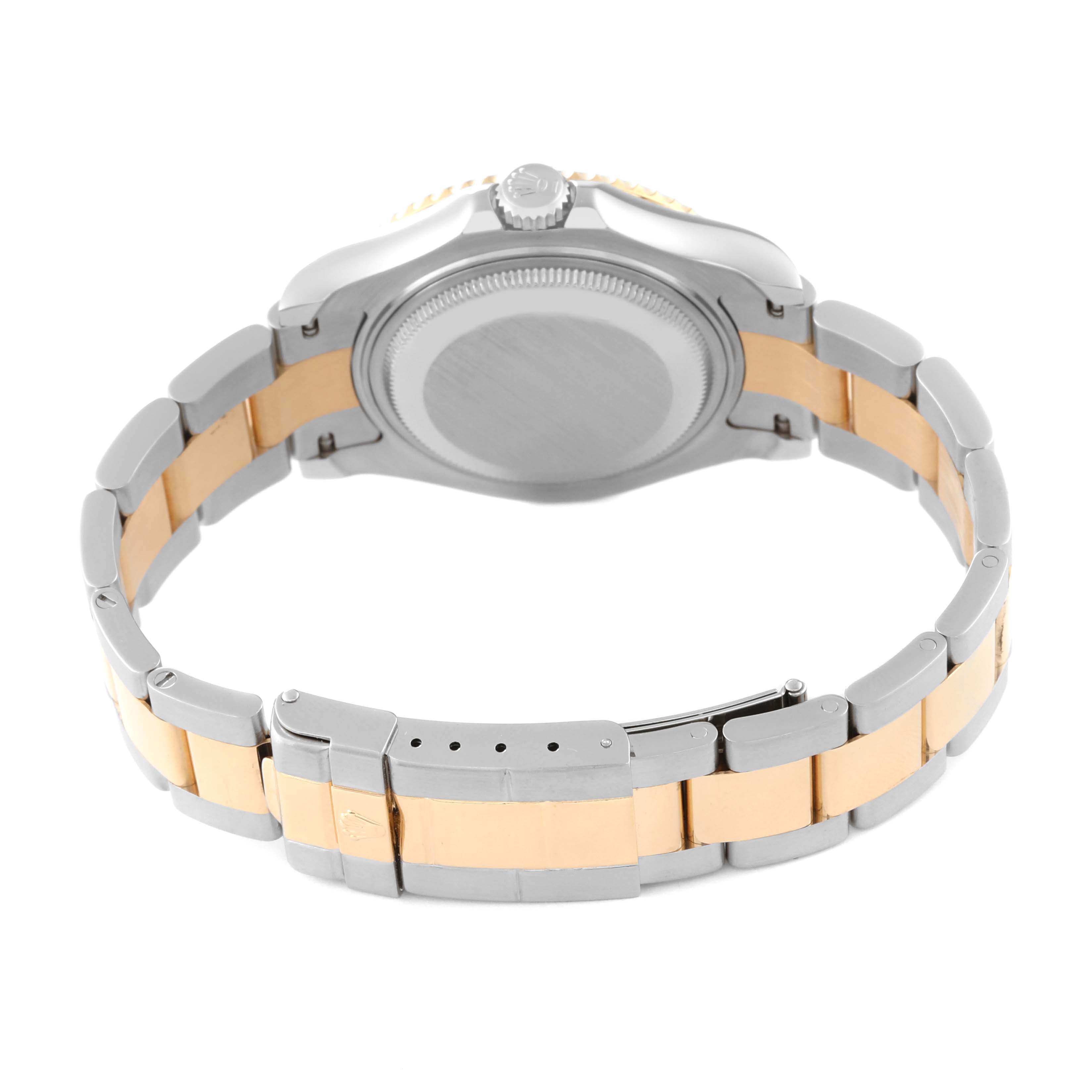 The image shows the back view of the Yacht-Master watch by Rolex, highlighting its bracelet and clasp.