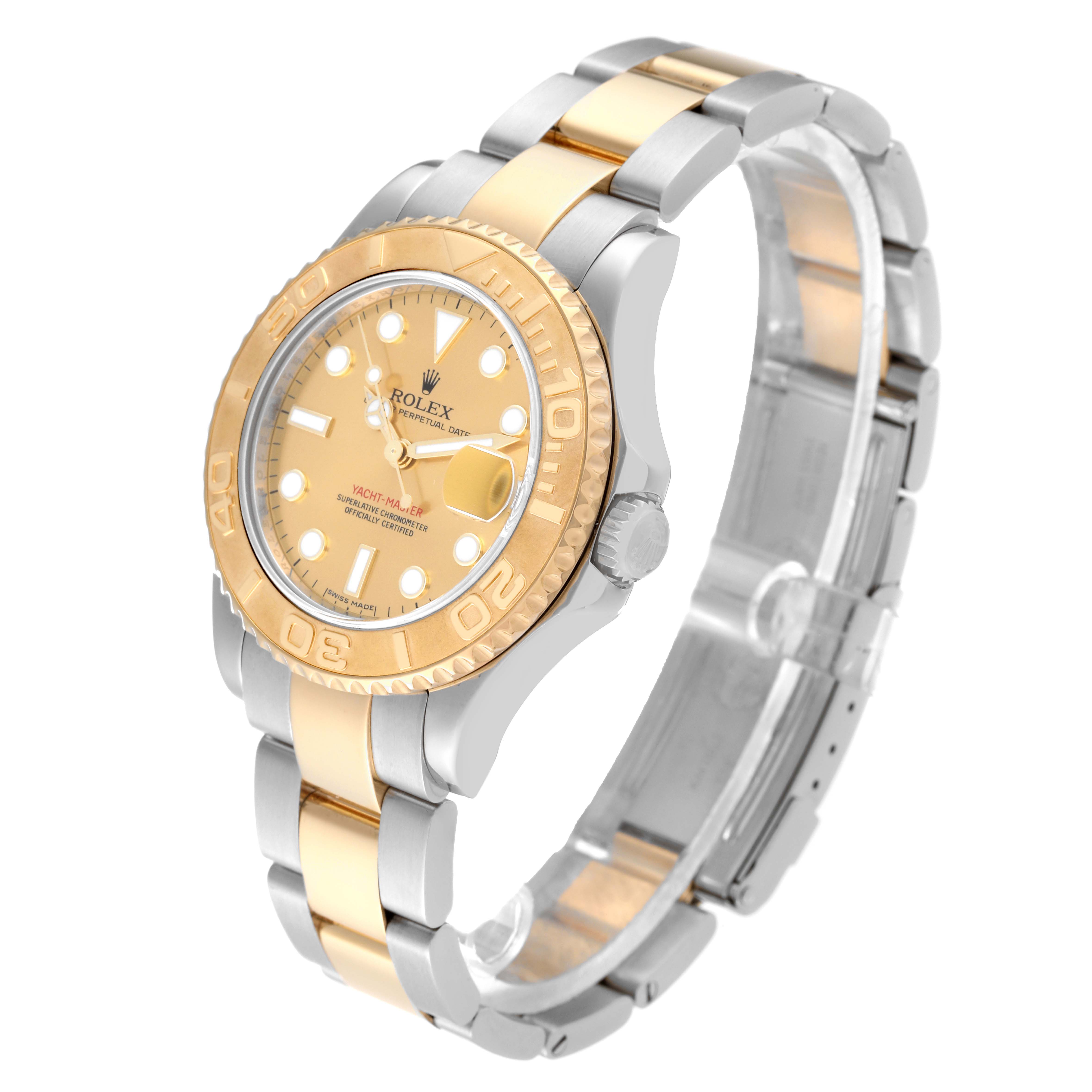 This image shows a Rolex Yacht-Master 168623 Men's Steel and Gold (two tone) Champagne Dial 168623 Men's Steel and Gold (two tone) Champagne Dial watch with a two-tone stainless steel and gold bracelet, bezel, and face, viewed from an angled perspective.