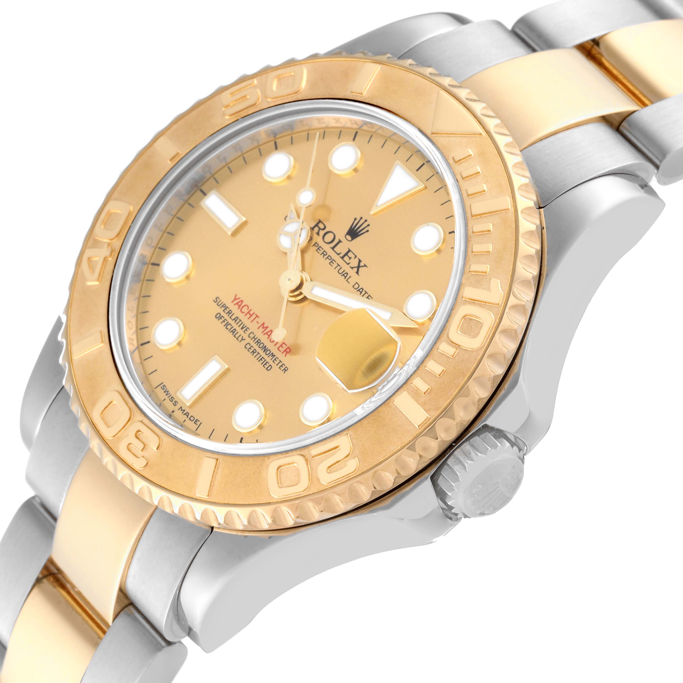 The image shows a side angle of a Rolex Yacht-Master 168623 Men's Steel and Gold (two tone) Champagne Dial 168623 Men's Steel and Gold (two tone) Champagne Dial watch, highlighting the dial, bezel, and part of the bracelet.