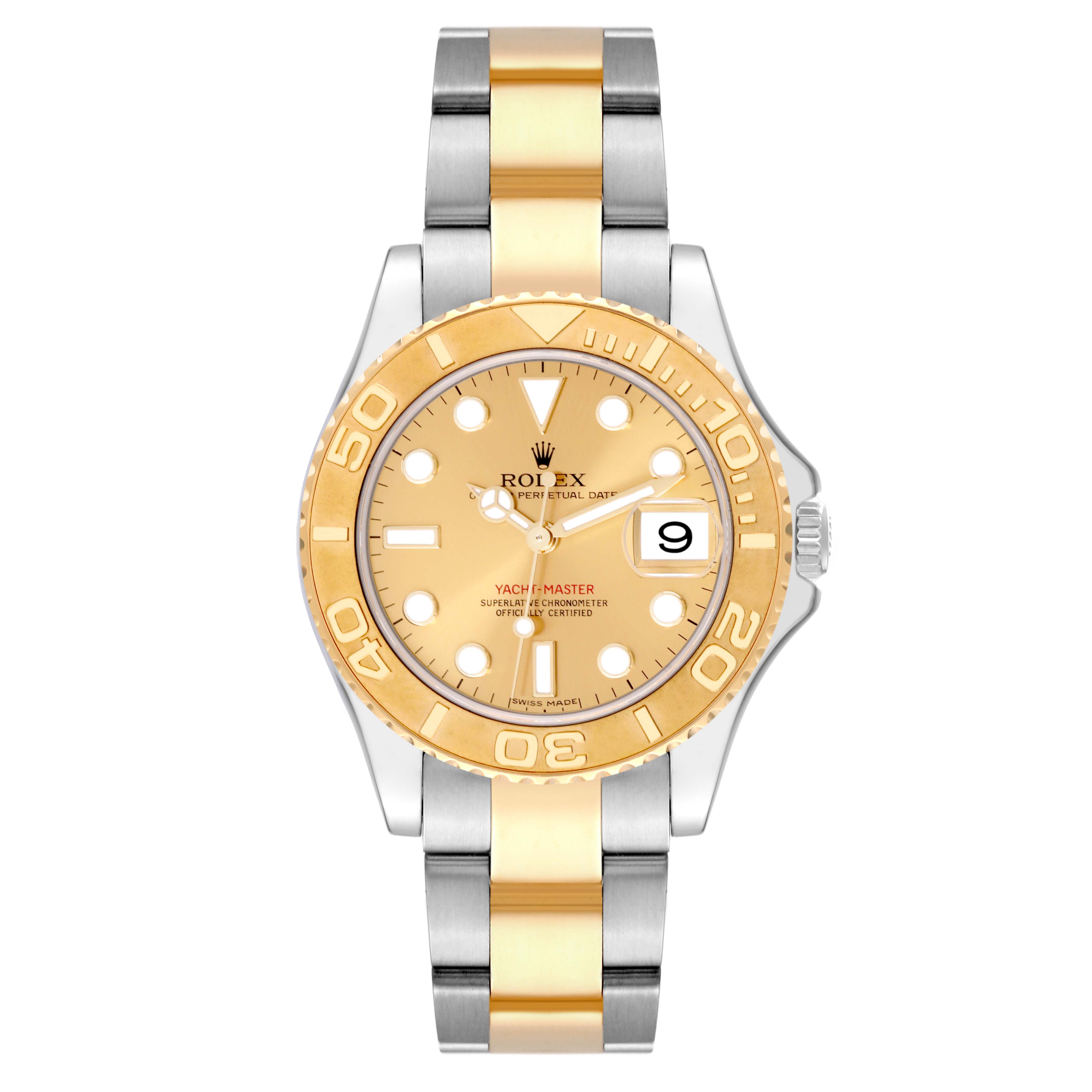 The Rolex Yacht-Master 168623 Men's Steel and Gold (two tone) Champagne Dial 168623 Men's Steel and Gold (two tone) Champagne Dial watch is shown from a front view, highlighting its golden dial, bezel, and two-tone metal strap.