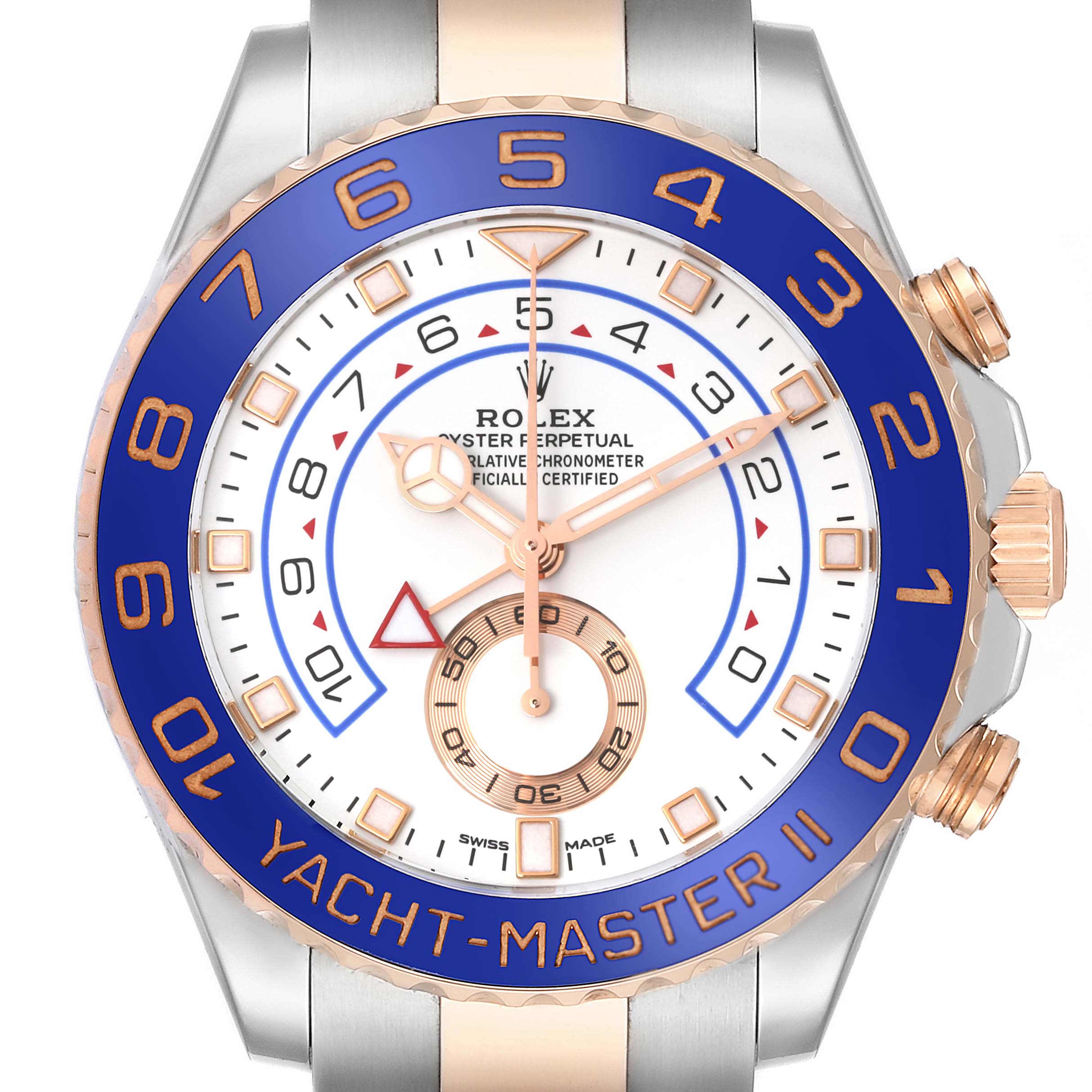 The Rolex Yacht-Master 116681 Men's Steel and Gold (two tone) White Dial 116681 Men's Steel and Gold (two tone) White Dial watch is shown from a front angle displaying its face and bezel prominently.