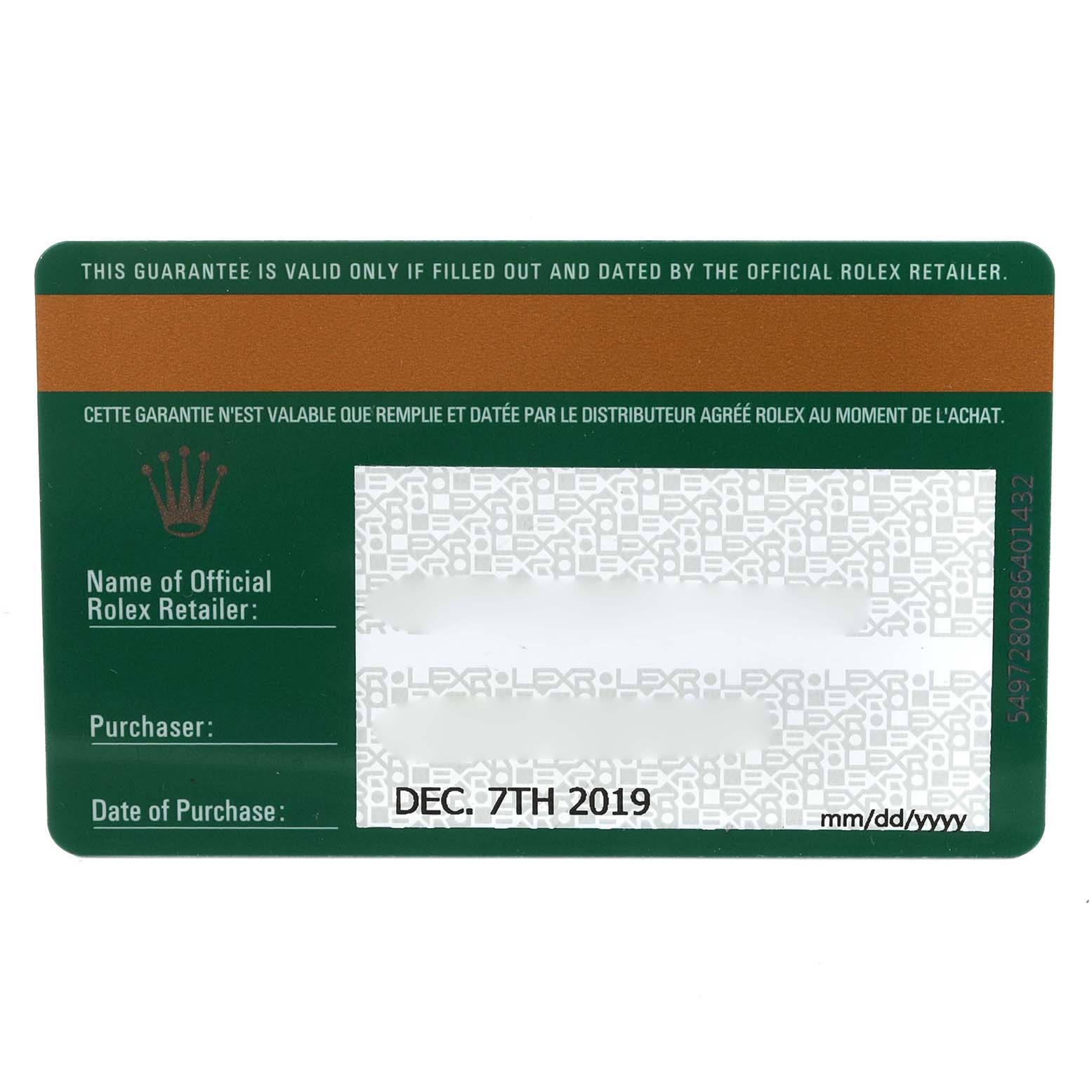 The image shows a guarantee card for a Rolex Yacht-Master 116681 Men's Steel and Gold (two tone) White Dial 116681 Men's Steel and Gold (two tone) White Dial watch, displaying purchase details and an official retailer section.