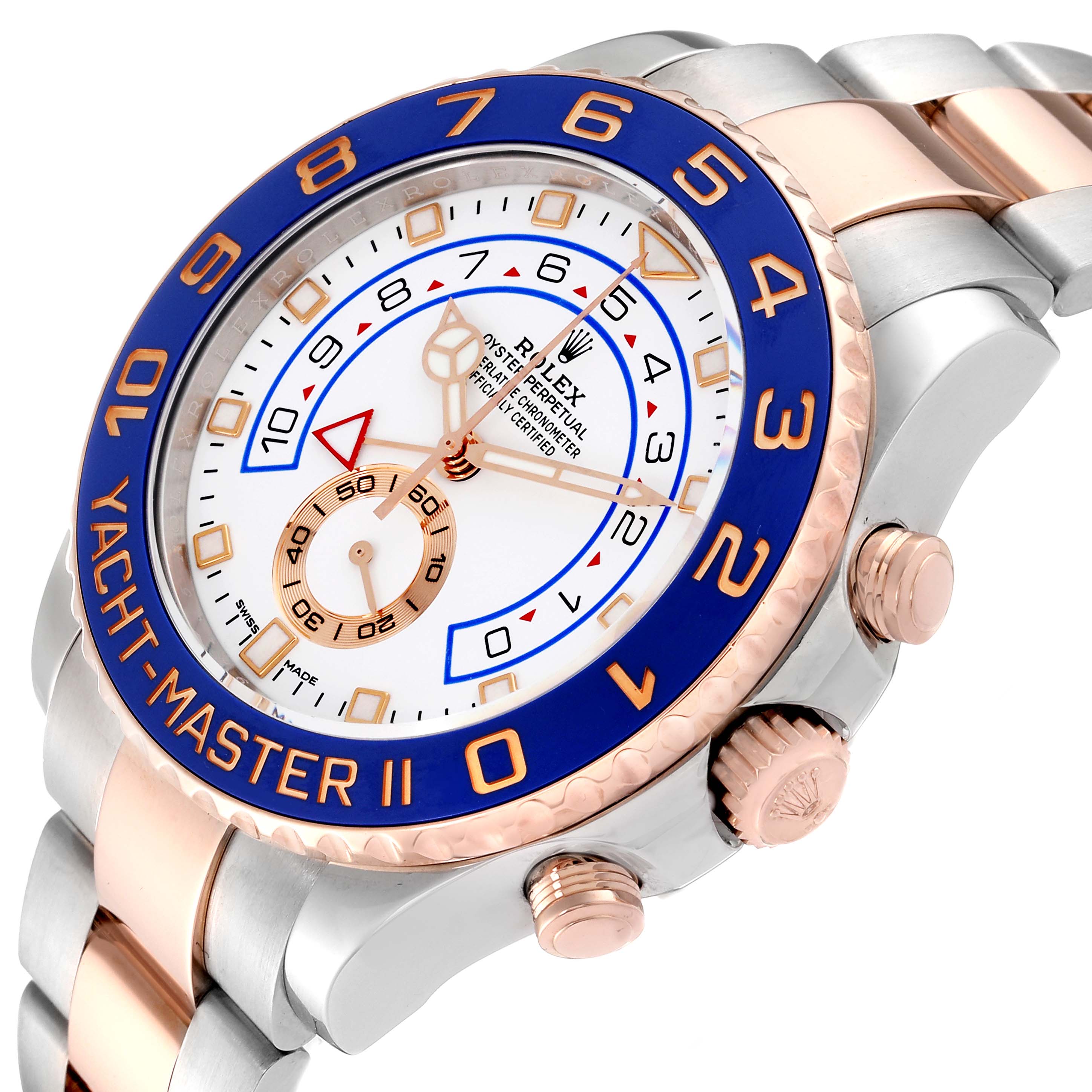 The image shows a Rolex Yacht-Master 116681 Men's Steel and Gold (two tone) White Dial 116681 Men's Steel and Gold (two tone) White Dial II watch at an oblique angle, highlighting the dial, bezel, and side crown.