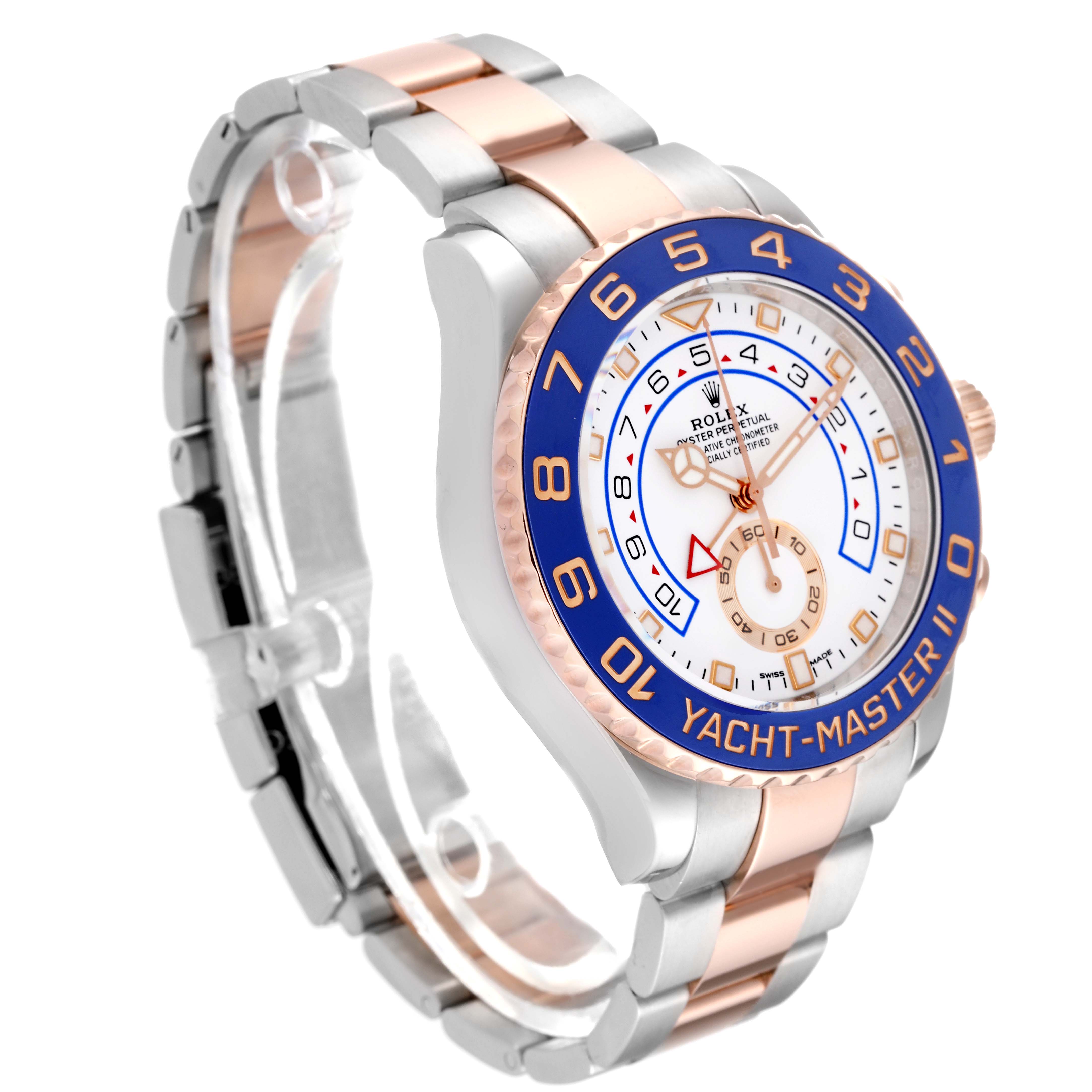 The Rolex Yacht-Master 116681 Men's Steel and Gold (two tone) White Dial 116681 Men's Steel and Gold (two tone) White Dial II watch is shown at an angled front view, highlighting the dial, bezel, and bracelet.
