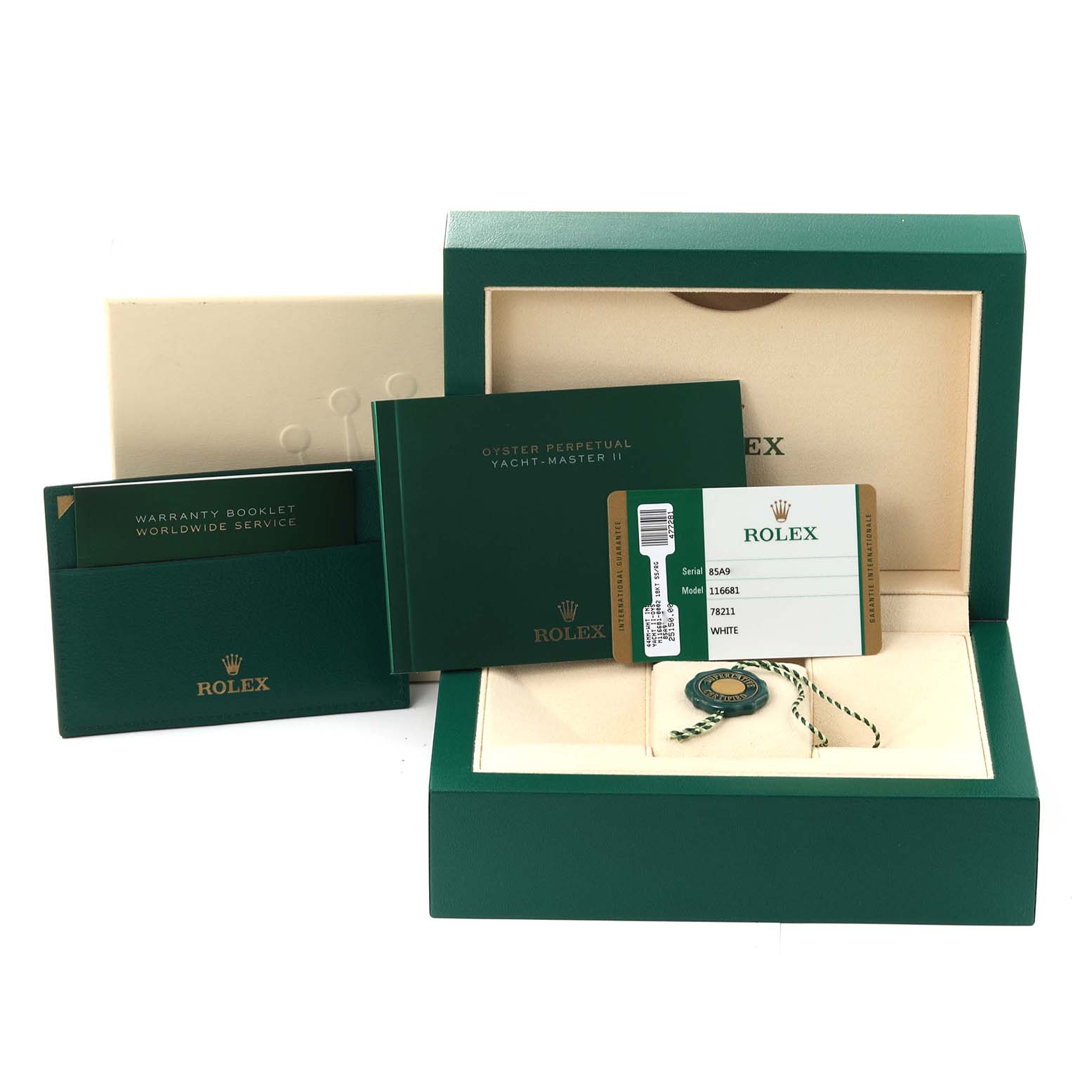 The image shows the packaging, warranty booklet, manual, hangtag, and warranty card for a Rolex Yacht-Master 116681 Men's Steel and Gold (two tone) White Dial 116681 Men's Steel and Gold (two tone) White Dial watch.