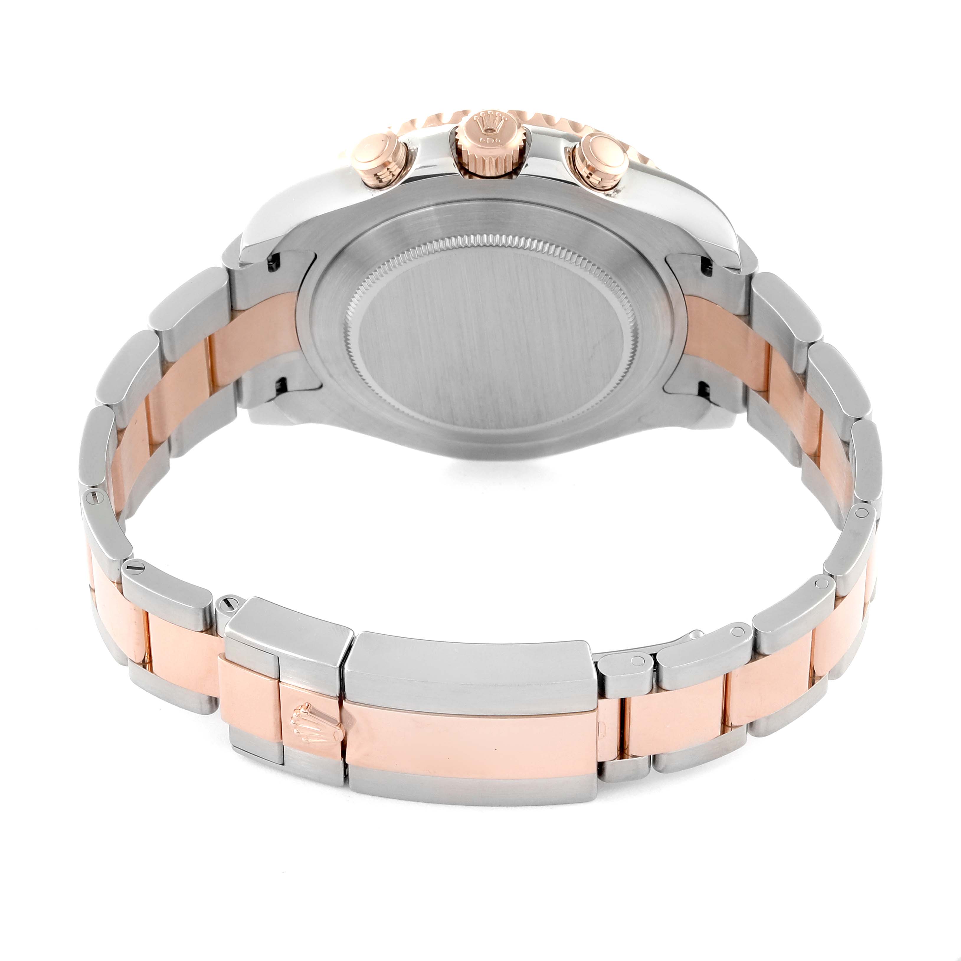 This image shows the back case, crown, and bracelet of a Rolex Yacht-Master 116681 Men's Steel and Gold (two tone) White Dial 116681 Men's Steel and Gold (two tone) White Dial watch, taken from a rear angle.