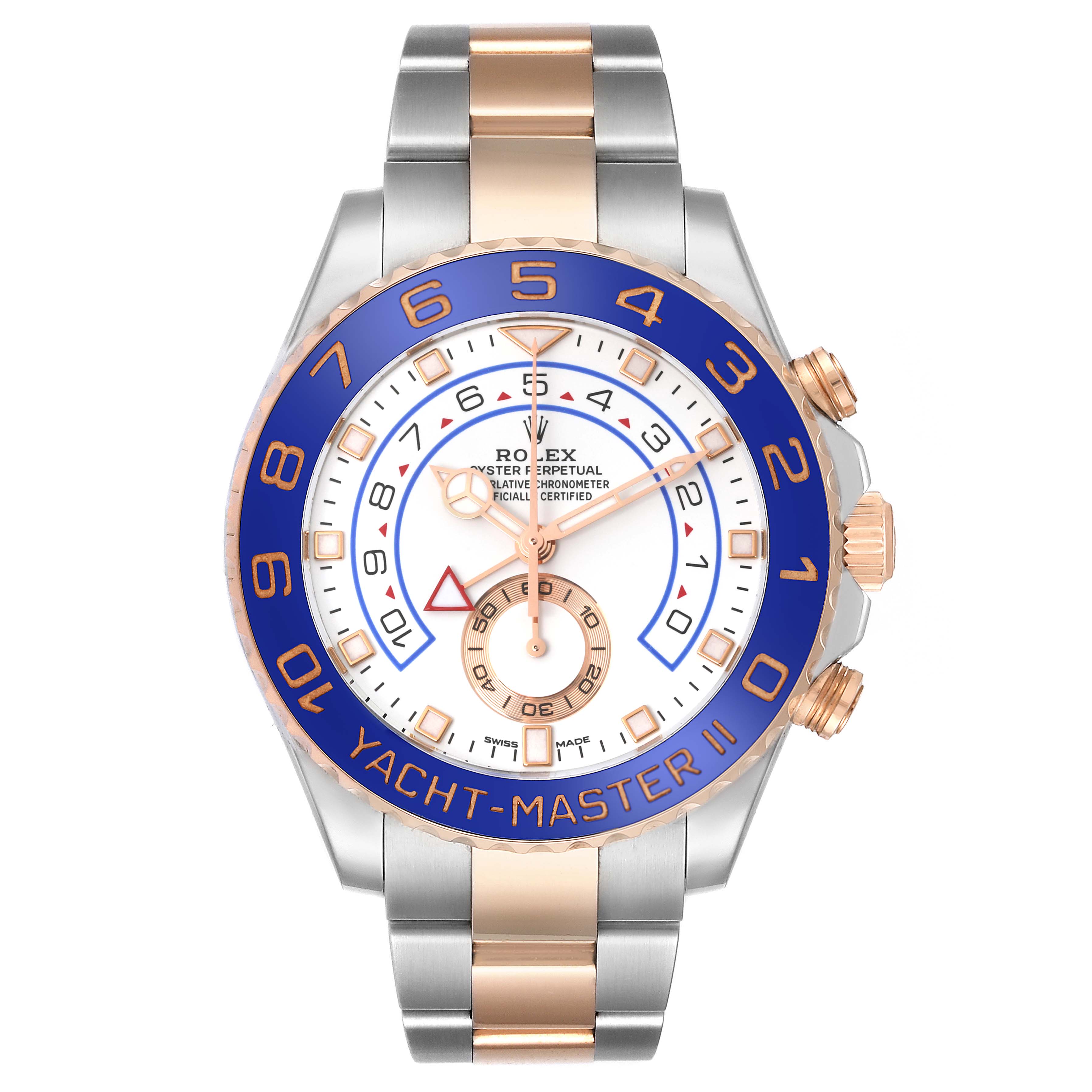 The Rolex Yacht-Master 116681 Men's Steel and Gold (two tone) White Dial 116681 Men's Steel and Gold (two tone) White Dial II watch is shown from a front angle, detailing its face, bezel, and part of the strap.