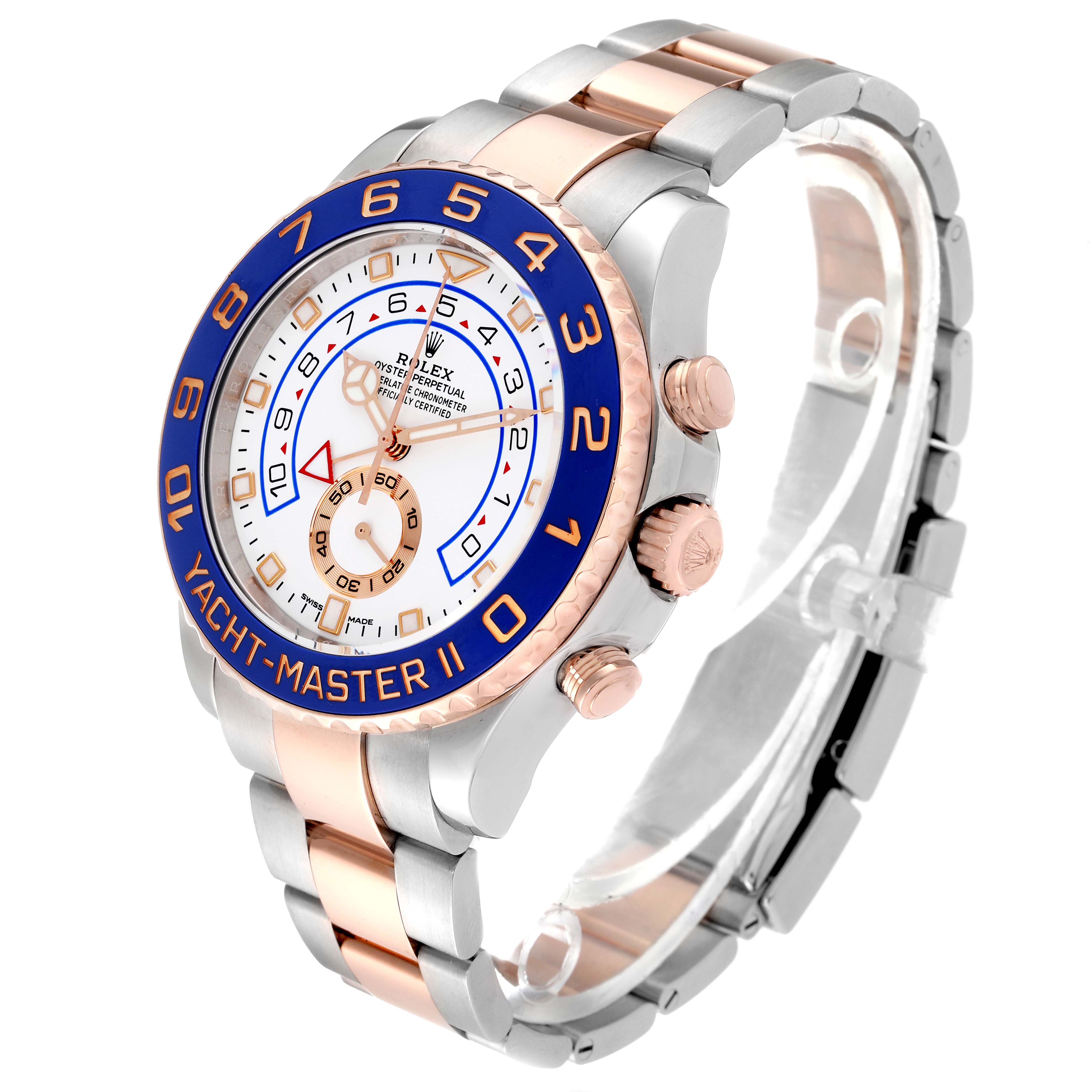 The Rolex Yacht-Master 116681 Men's Steel and Gold (two tone) White Dial 116681 Men's Steel and Gold (two tone) White Dial II watch is shown from a front-side angle, highlighting its dial, bezel, and bracelet.