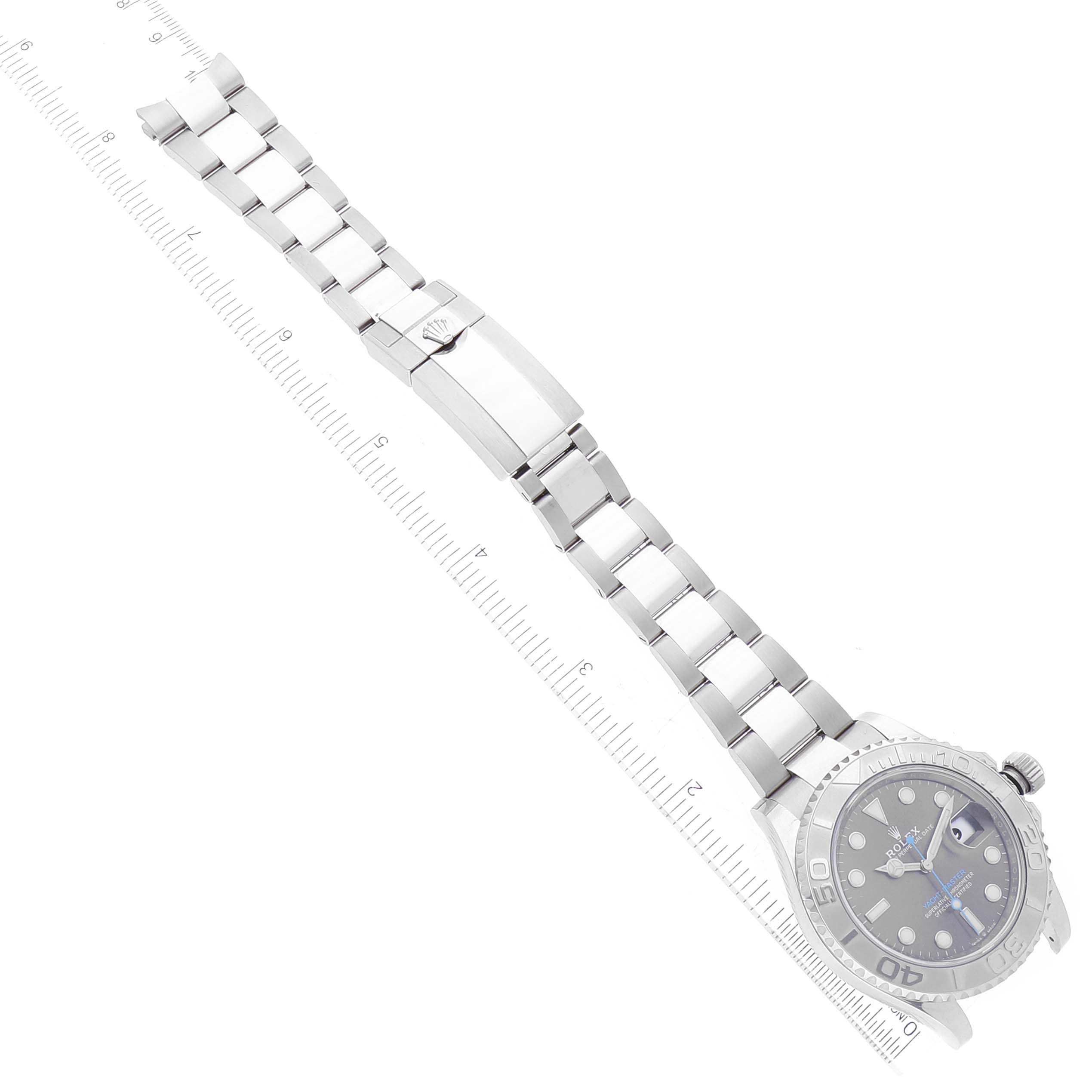 The image shows a Rolex Yacht-Master 126622 Men's Stainless Steel Silver Dial 126622 Men's Stainless Steel Silver Dial watch lying flat with the face, bracelet, and clasp visible alongside a measuring scale.