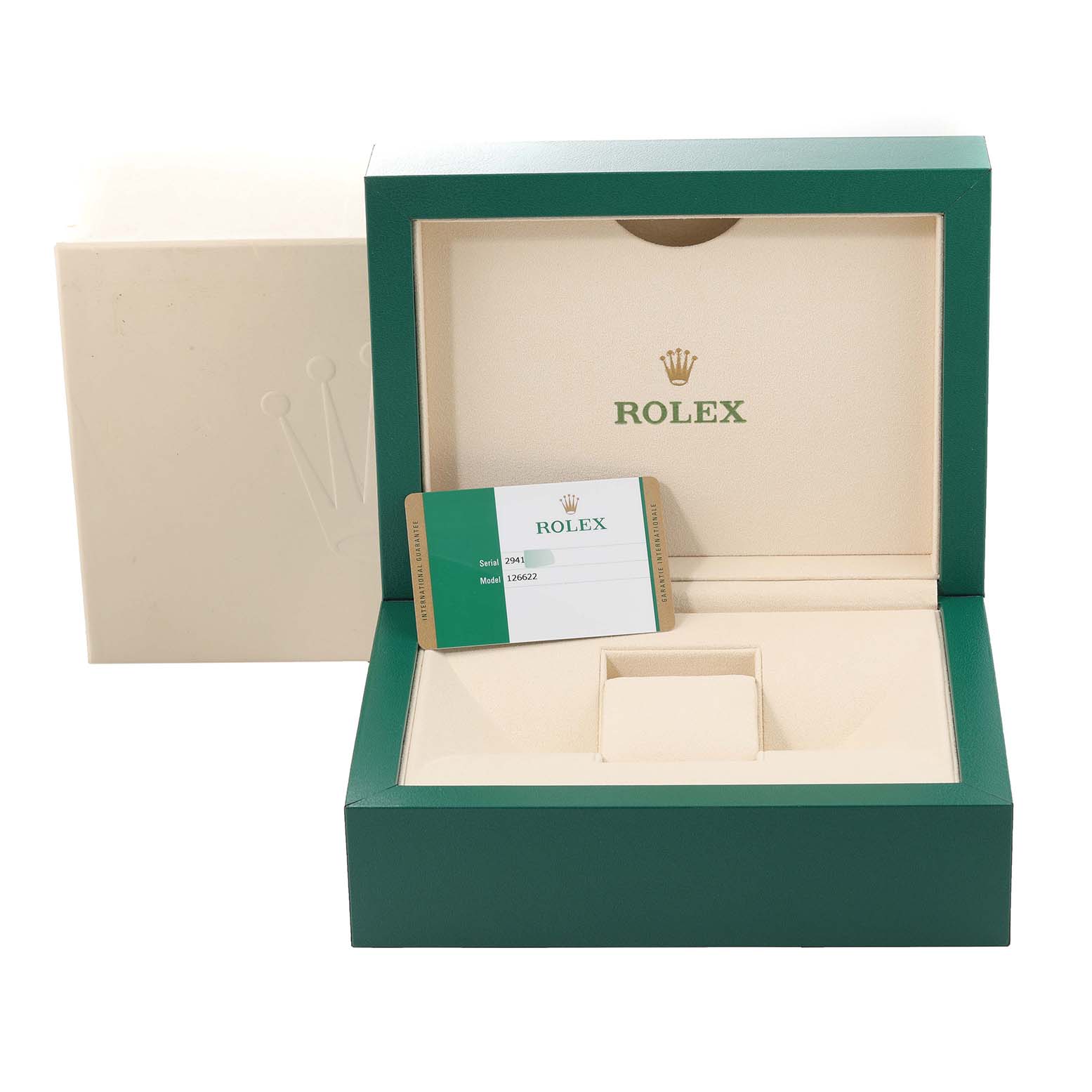 The image shows an open green and cream Rolex box for the Yacht-Master model, along with a warranty card.