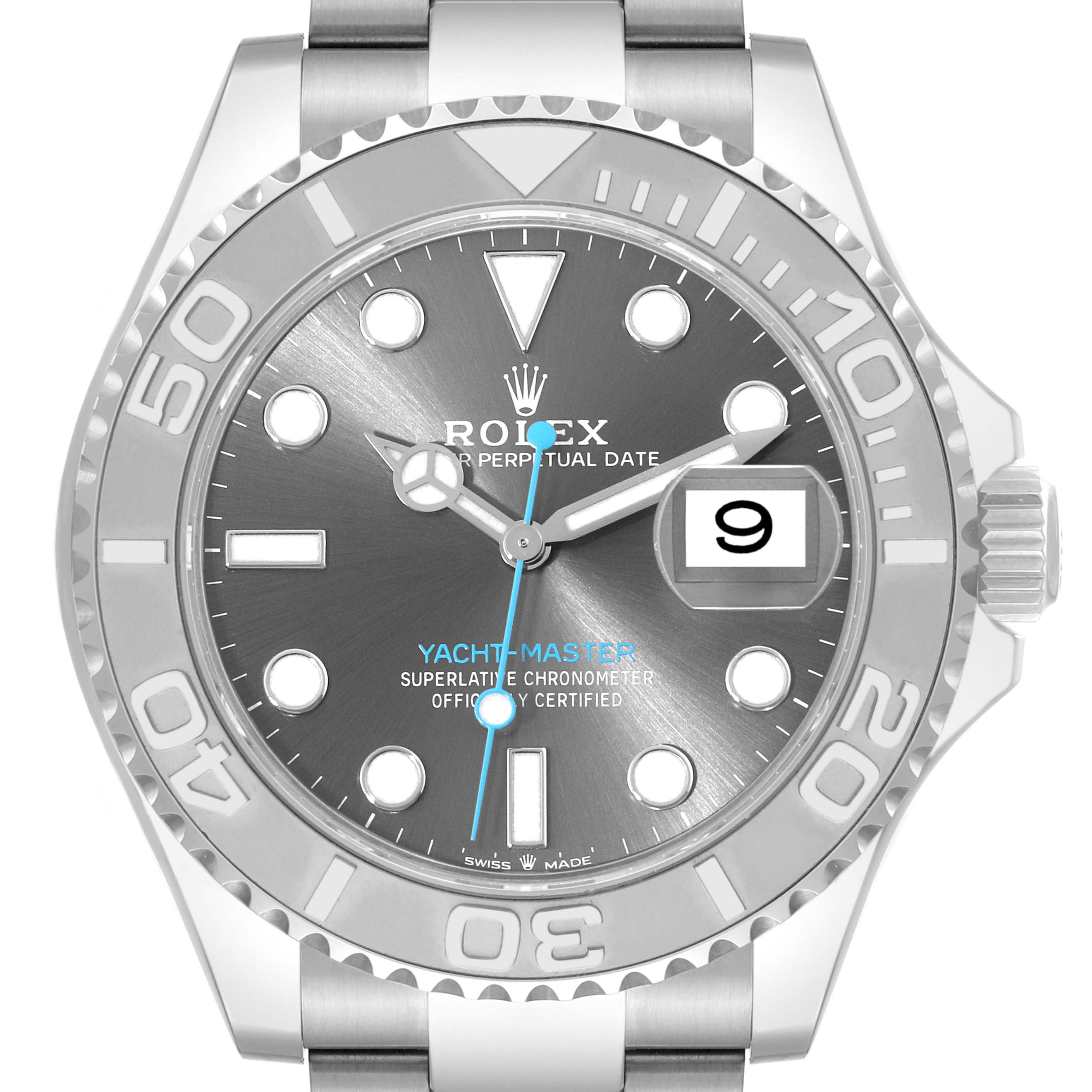 The image shows a frontal view of the Rolex Yacht-Master 126622 Men's Stainless Steel Silver Dial 126622 Men's Stainless Steel Silver Dial watch, highlighting its dial, bezel, and bracelet.