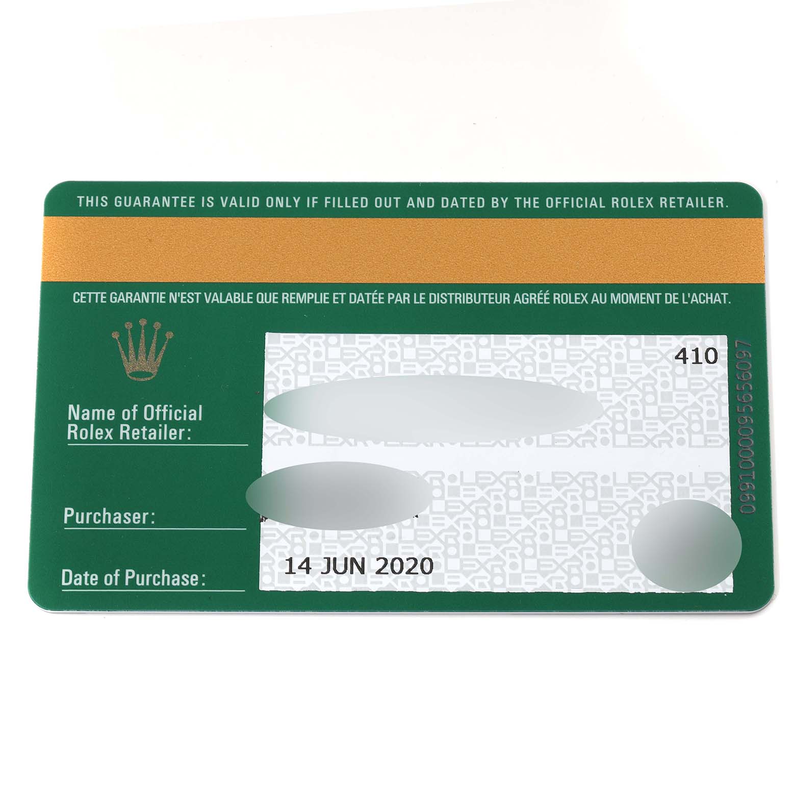 This is a Rolex warranty card, associated with the Yacht-Master model, showing retailer, purchaser, and purchase date details.