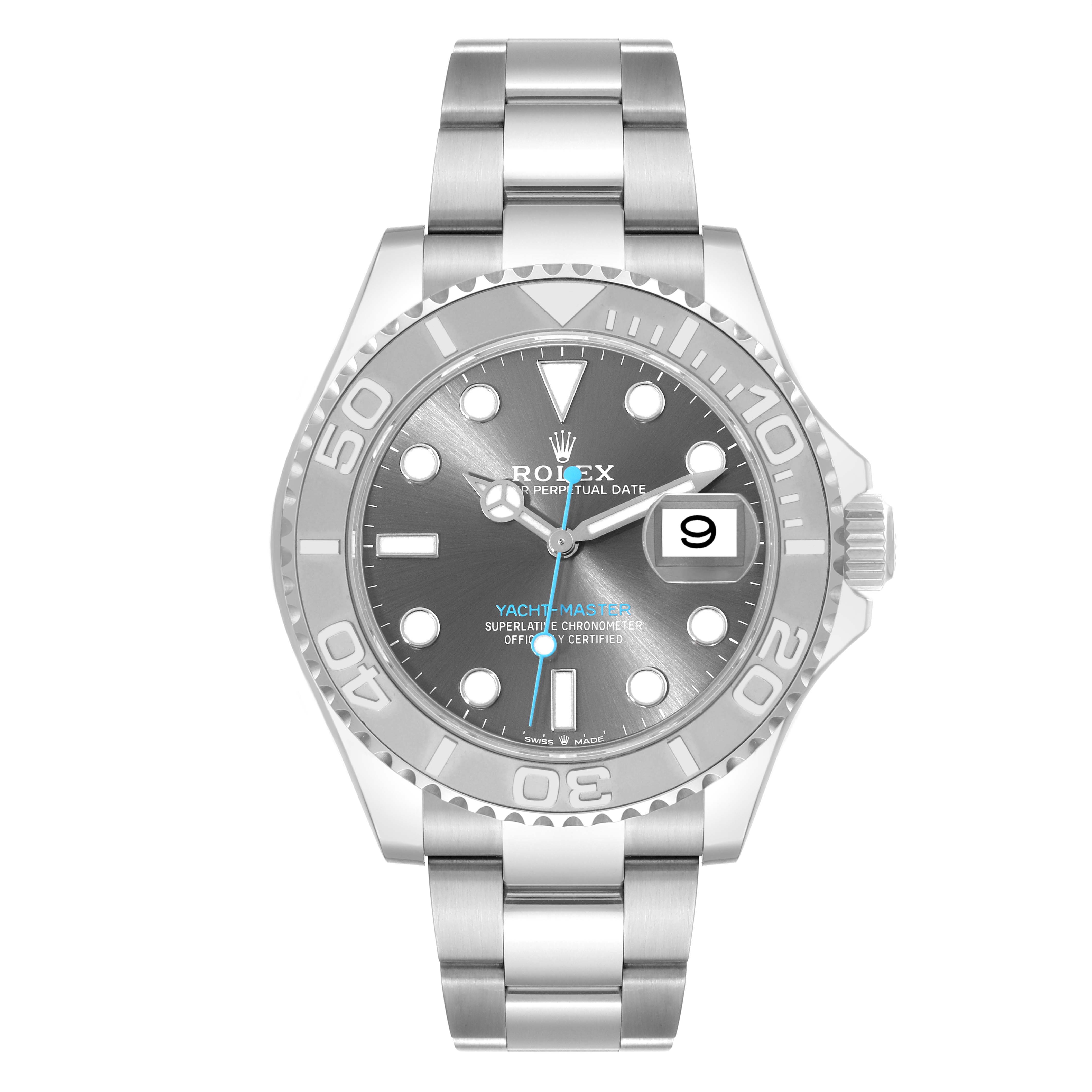 The image shows a front view of a Rolex Yacht-Master 126622 Men's Stainless Steel Silver Dial 126622 Men's Stainless Steel Silver Dial watch, including the dial, bezel, bracelet, and date display.