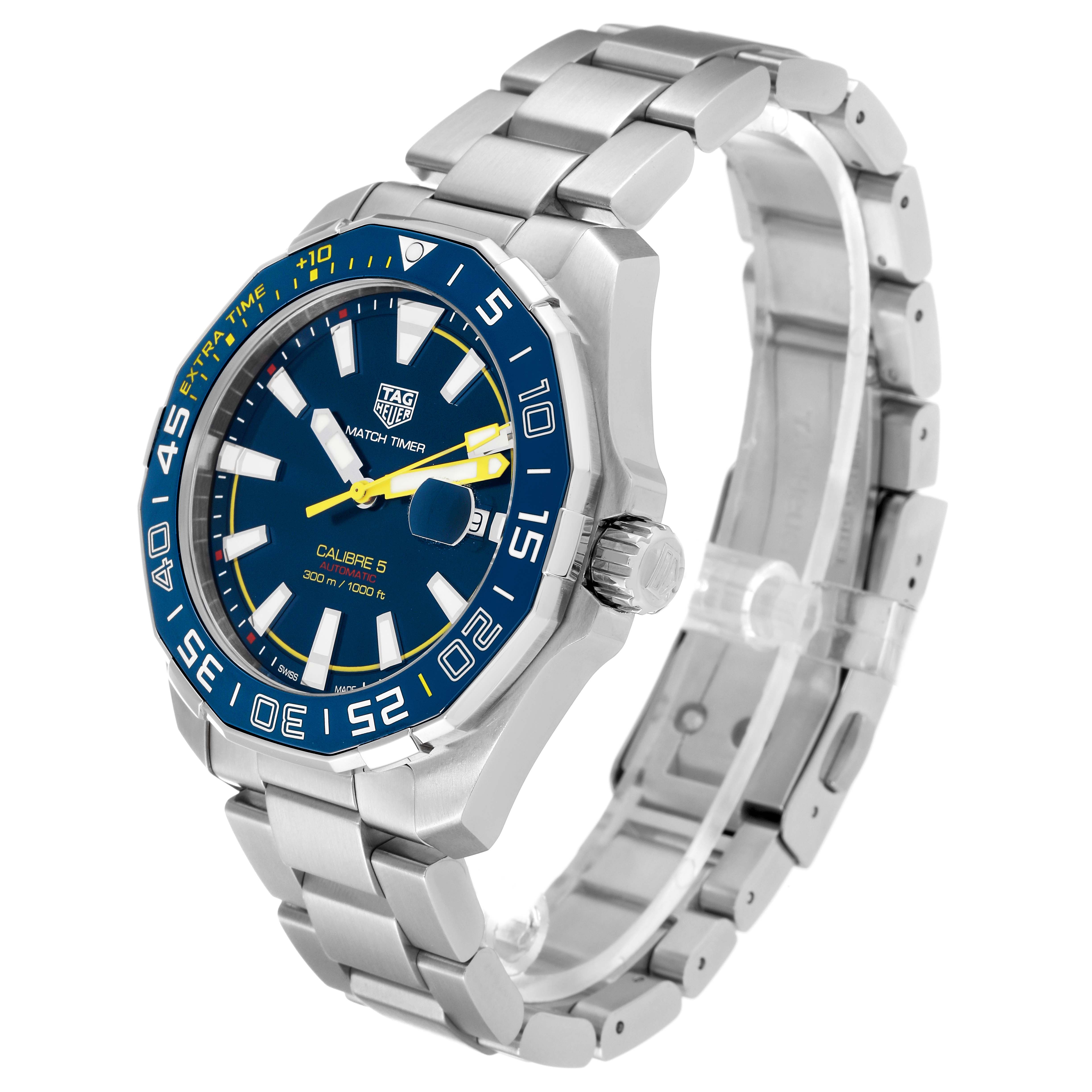 This is a side angle view of the Tag Heuer Aquaracer watch, showing the bezel, dial, crown, and bracelet.