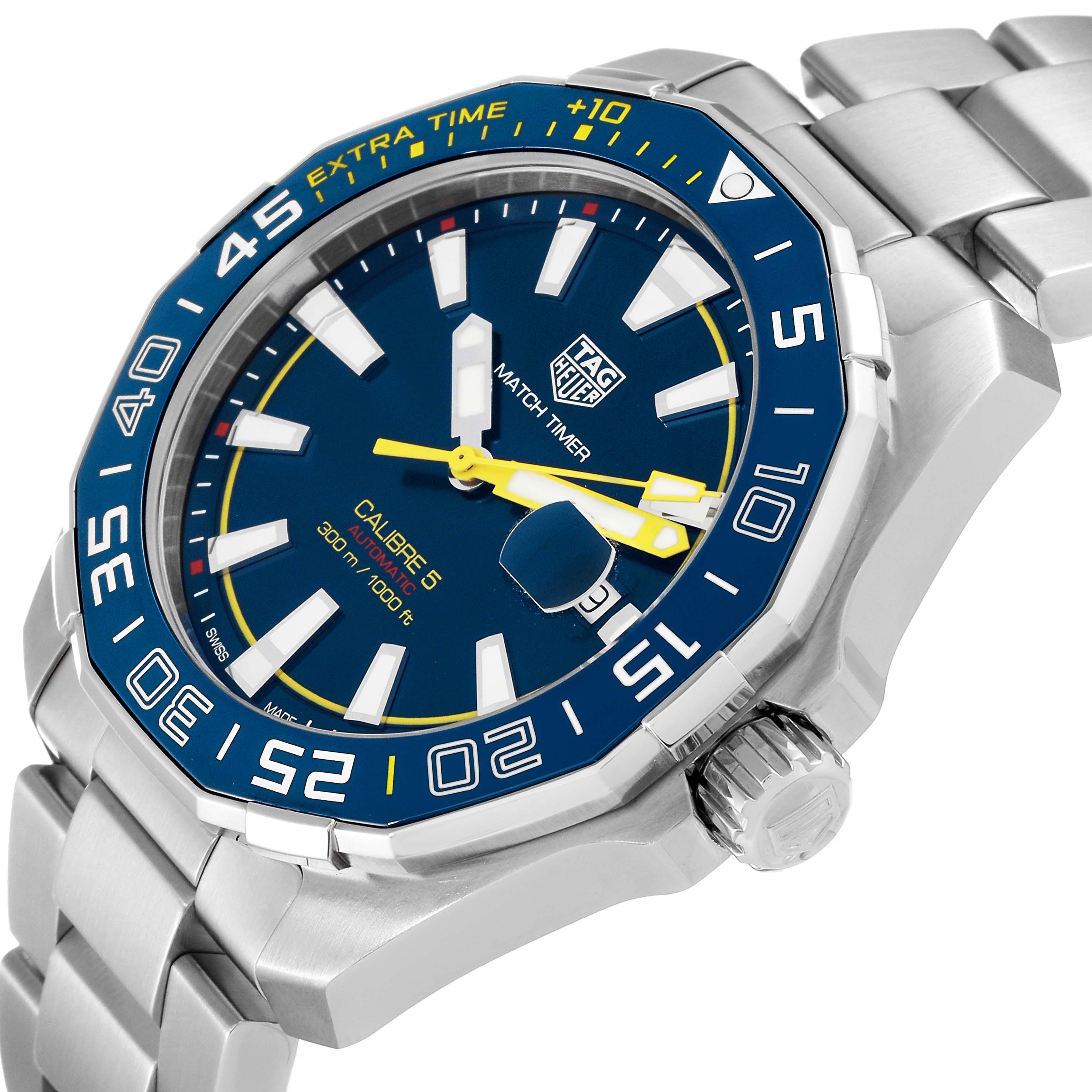 The TAG Heuer Aquaracer watch is shown at an angle highlighting the face, bezel, and partial bracelet.