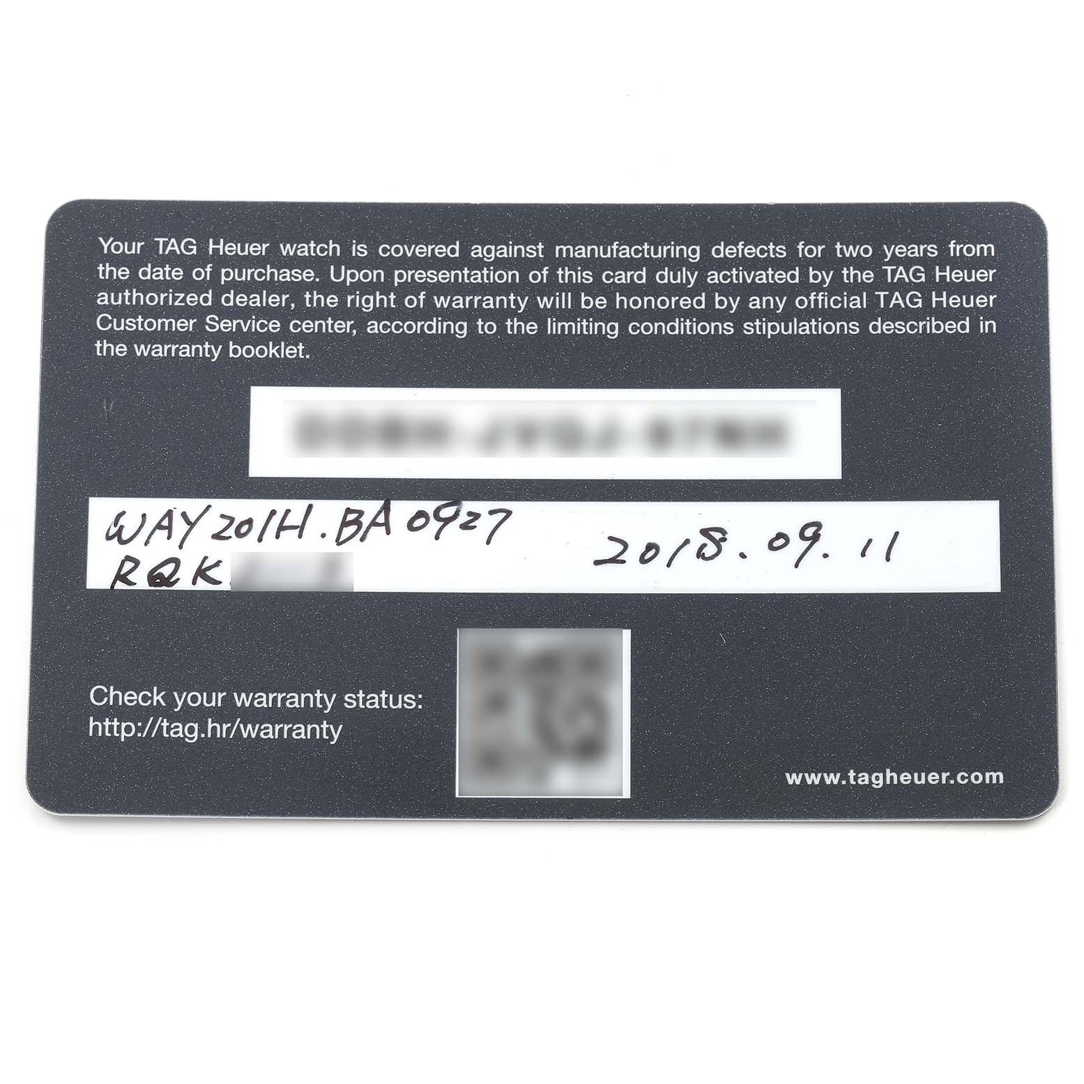 The image shows a warranty card for a Tag Heuer Aquaracer model watch, displaying its purchase details and warranty information.
