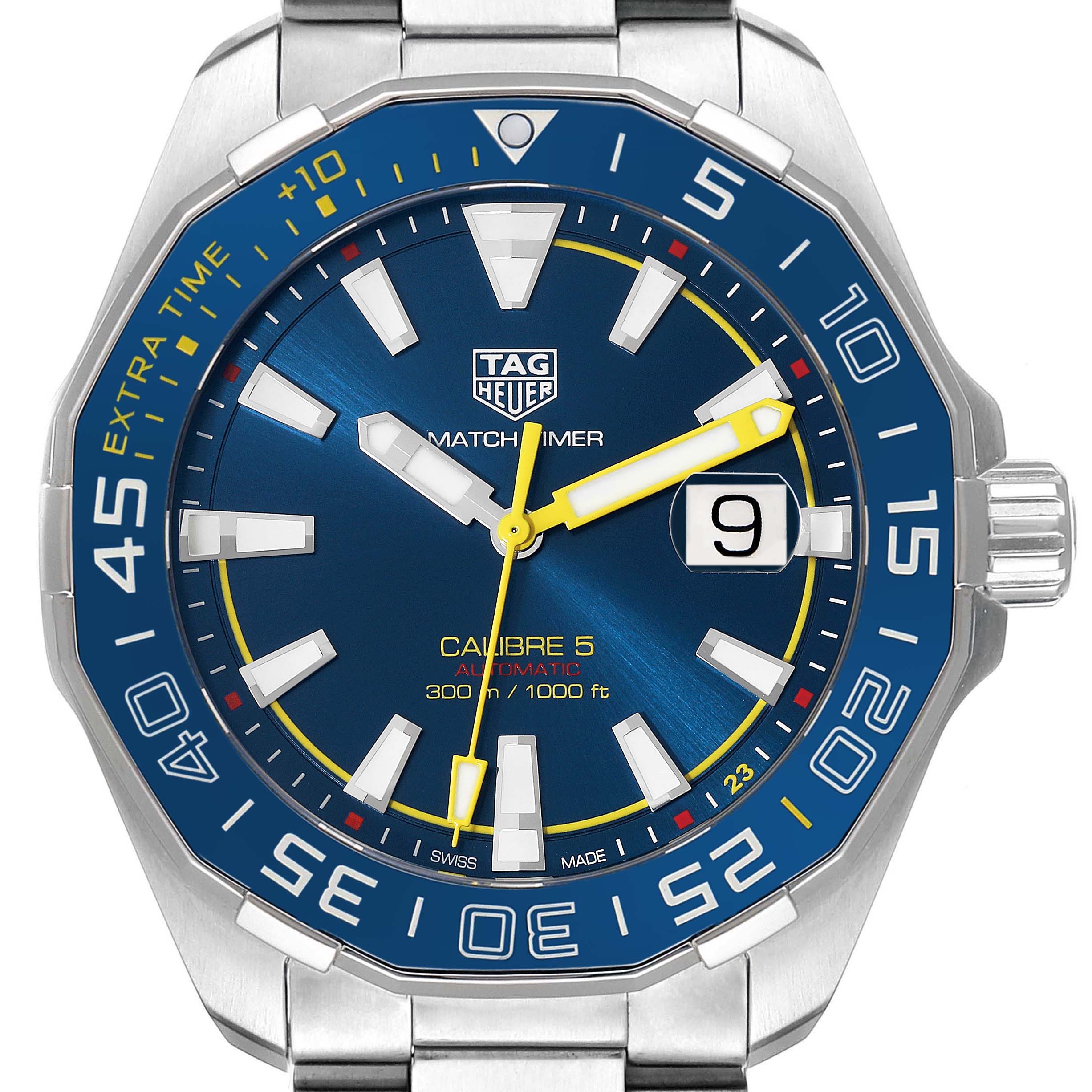 The image shows a close-up front view of the Tag Heuer Limited Edition WAY201H.BA0927 Men
s Stainless Steel Blue Dial WAY201H.BA0927 Men
s Stainless Steel Blue Dial Calibre 5 watch face, including the dial, hands, bezel, and crown.