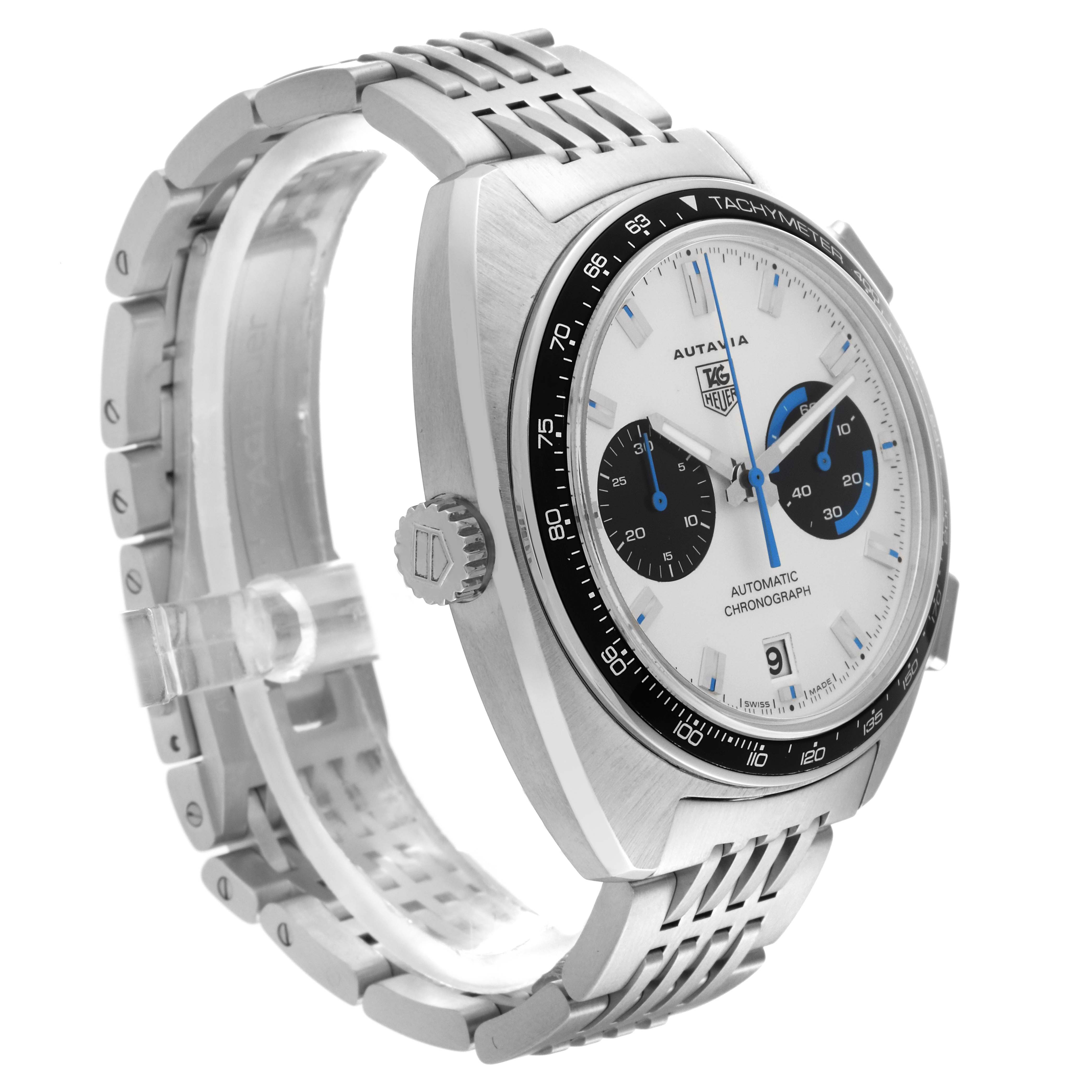 This image shows a side angle view of a Tag Heuer Autavia CY2110 Men's Stainless Steel White Dial CY2110 Men's Stainless Steel White Dial watch with a clear view of its face, bezel, and band.