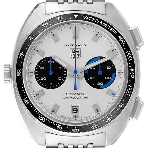 This image shows a front view of a Tag Heuer Autavia watch, highlighting the dial, chronograph sub-dials, and tachymeter bezel.