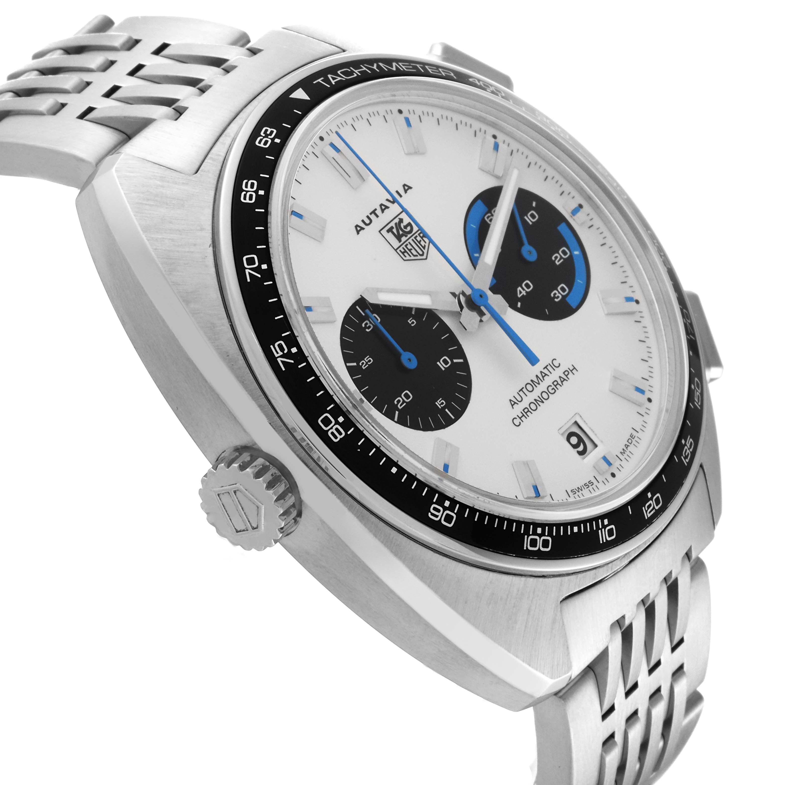 This image shows a side view of a Tag Heuer Autavia CY2110 Men's Stainless Steel White Dial CY2110 Men's Stainless Steel White Dial watch, highlighting its chronograph dial, bezel, and bracelet.
