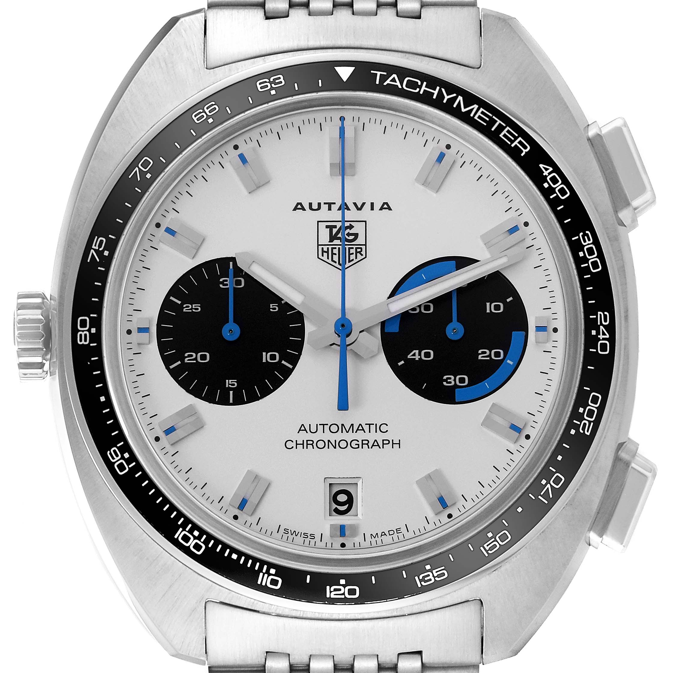 This image shows a front view of the Tag Heuer Autavia CY2110 Men's Stainless Steel White Dial CY2110 Men's Stainless Steel White Dial watch, highlighting its dial, chronograph subdials, and tachymeter bezel.