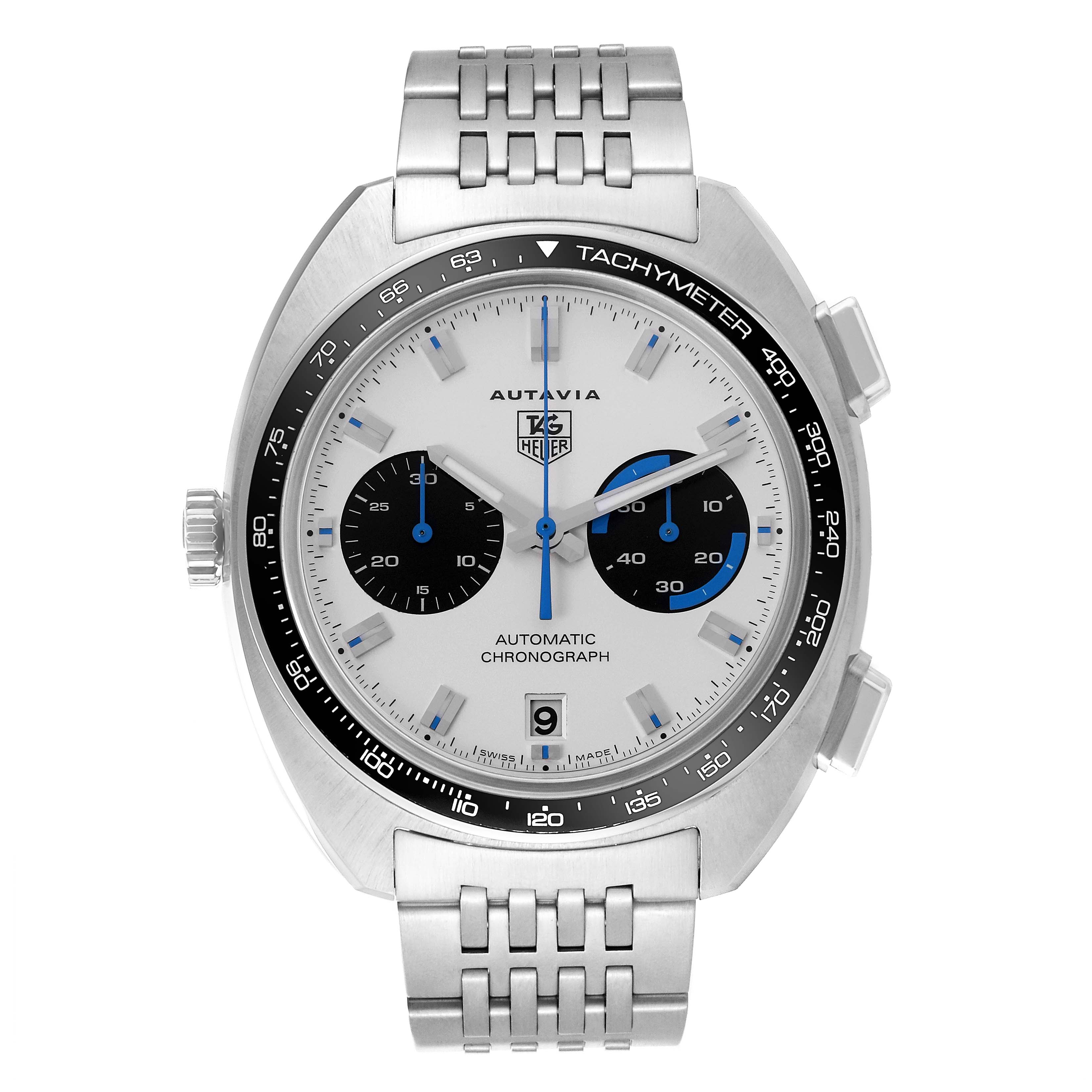 This image shows a Tag Heuer Autavia CY2110 Men's Stainless Steel White Dial CY2110 Men's Stainless Steel White Dial watch from a frontal angle, displaying its dial, bezel, and metal bracelet.