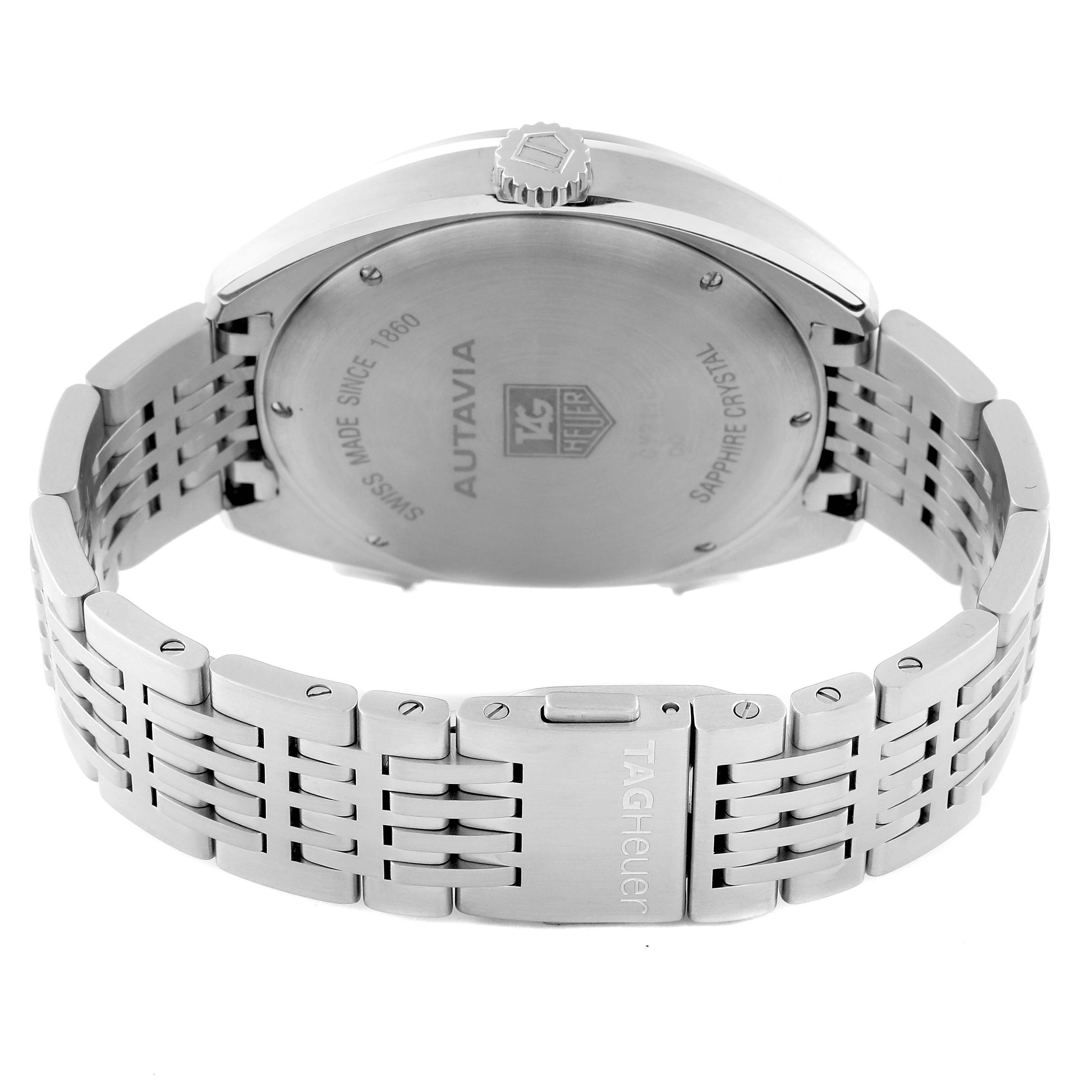 The image shows the back view of a Tag Heuer Autavia CY2110 Men's Stainless Steel White Dial CY2110 Men's Stainless Steel White Dial watch, highlighting its case back and stainless steel bracelet.