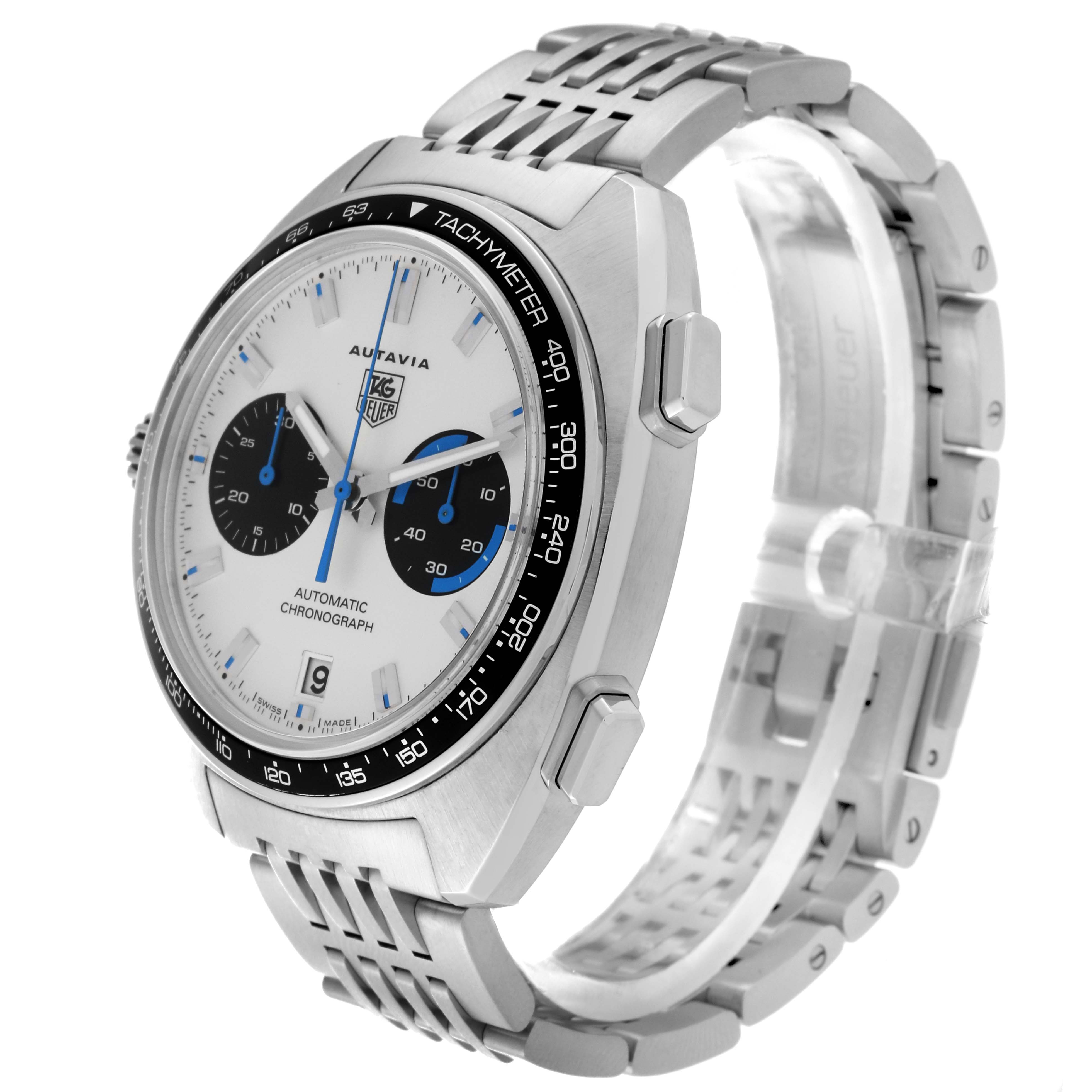 The image shows a side angle of the Tag Heuer Autavia CY2110 Men's Stainless Steel White Dial CY2110 Men's Stainless Steel White Dial watch, highlighting the face, pushers, and metal bracelet.
