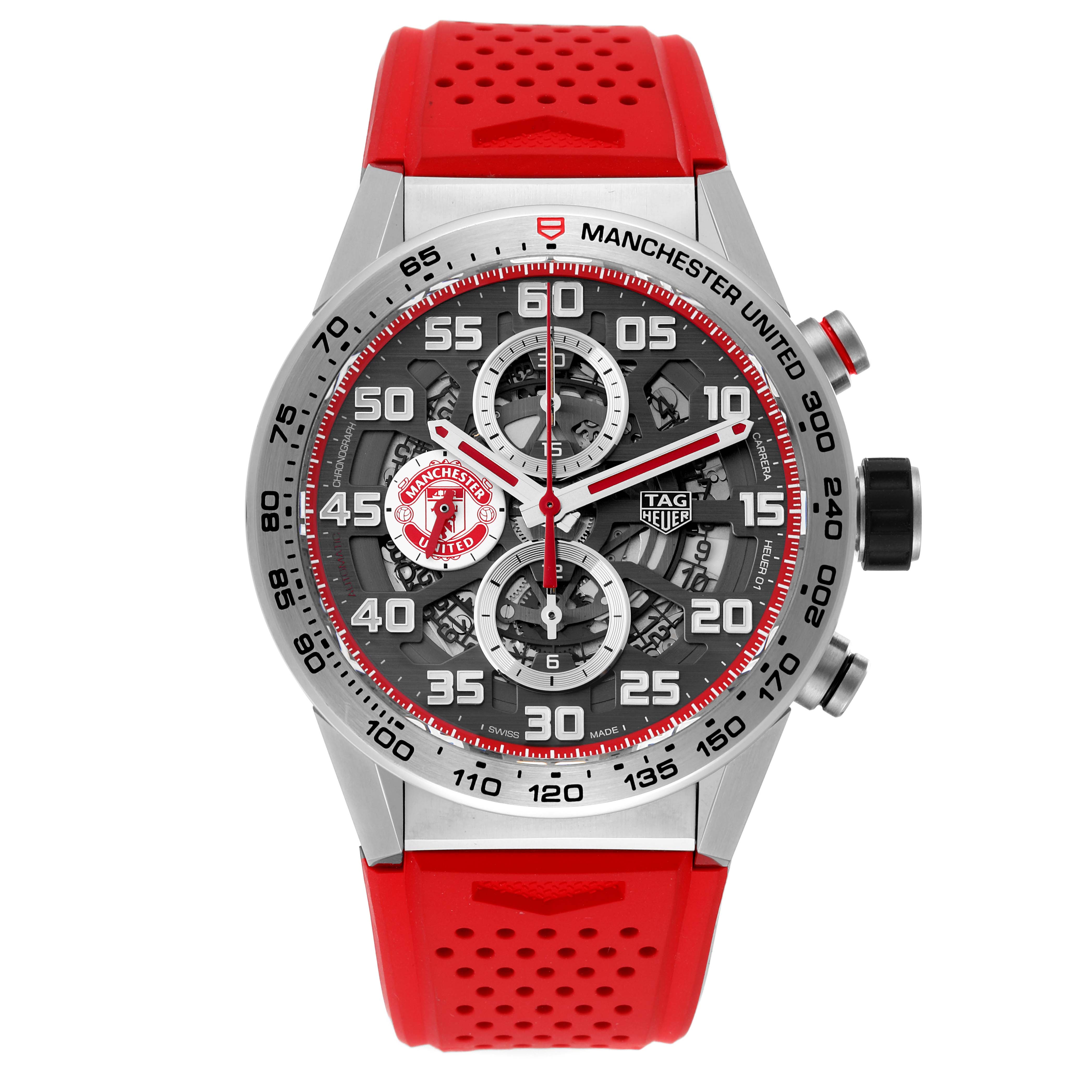 The image shows a front view of the Tag Heuer Carrera watch with a red strap and multiple subdials on the face.