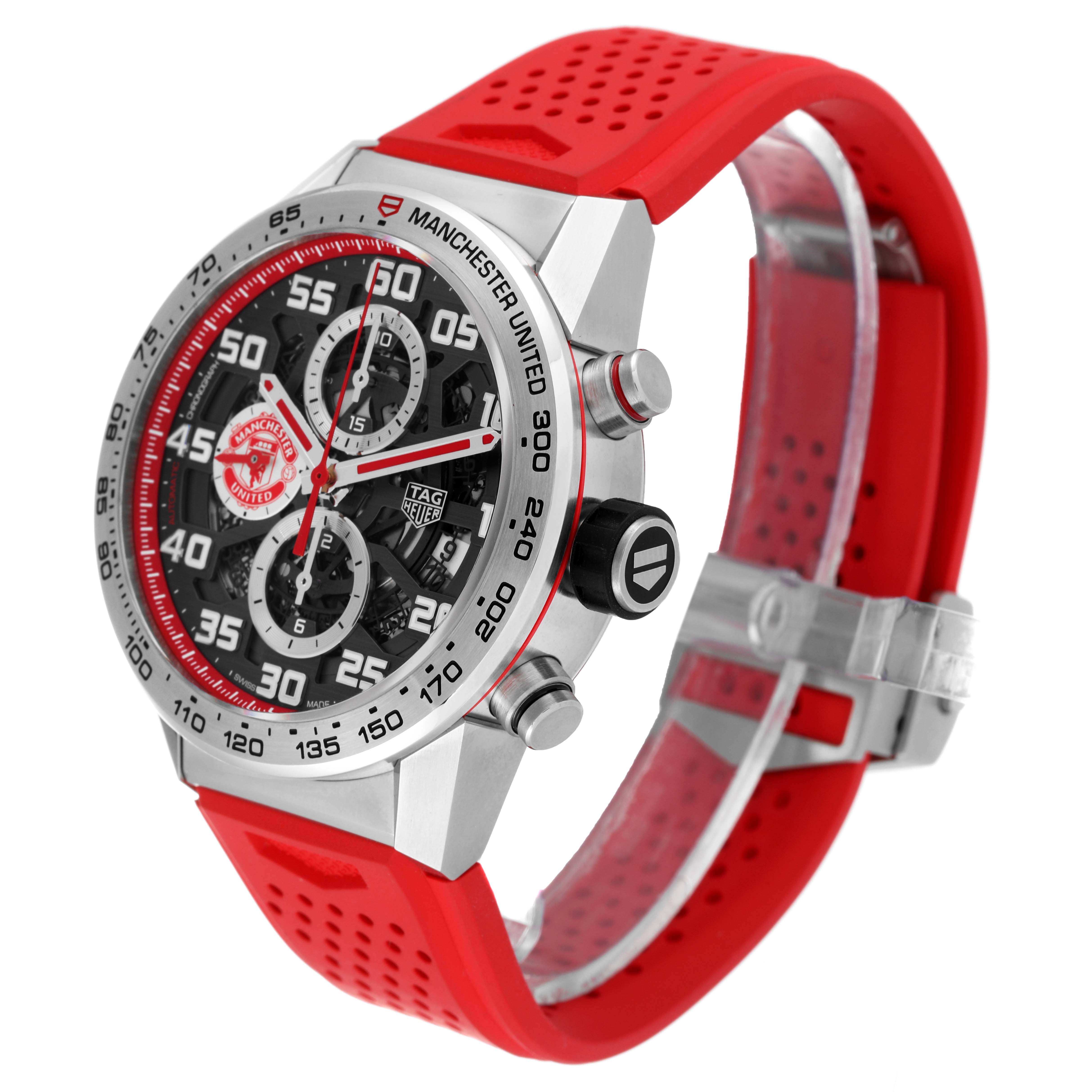 This Tag Heuer Carrera watch is shown from a side angle, highlighting the dial, crown, pushers, and red strap.