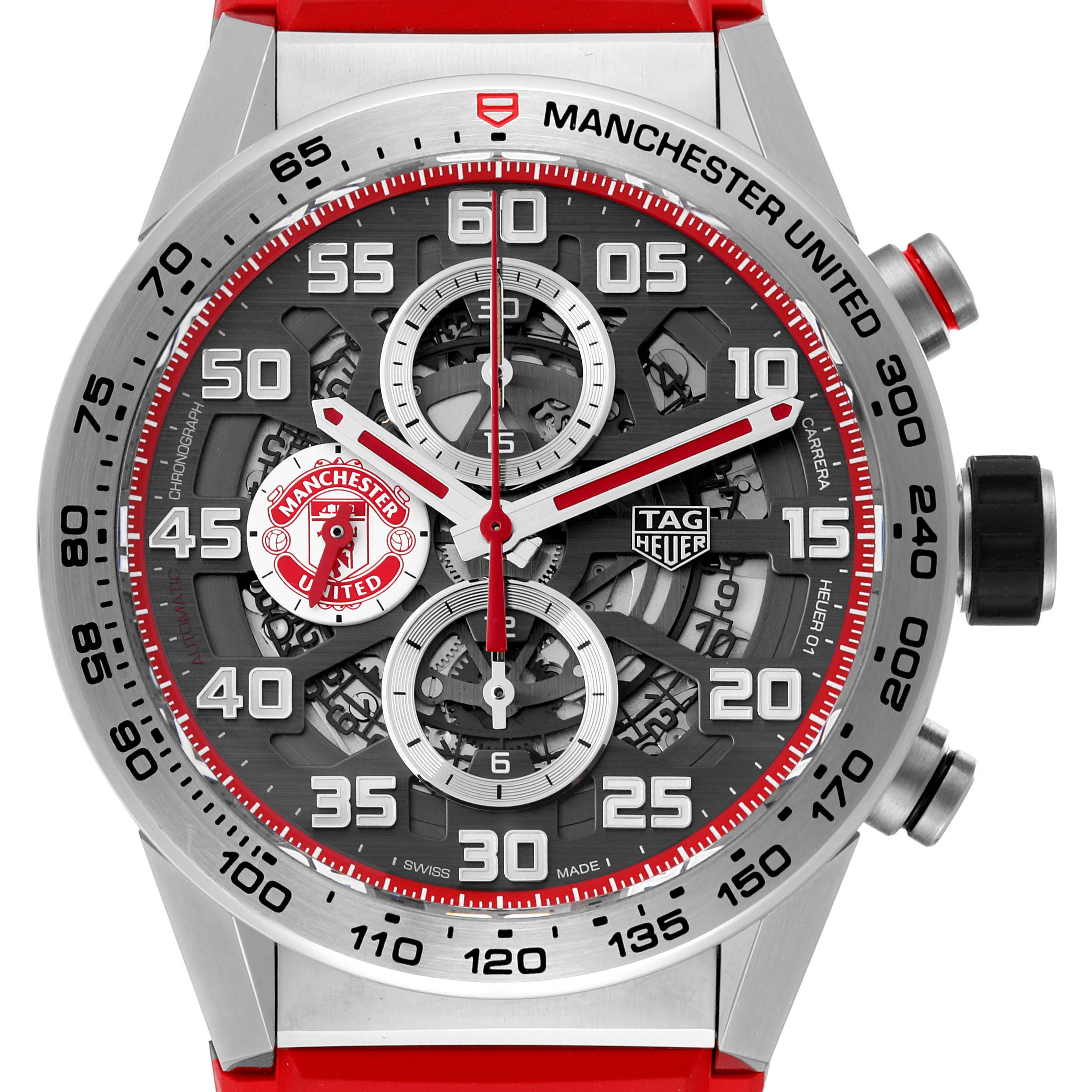 This image shows the front view of the Tag Heuer Carrera Heuer-01 Manchester United Limited Edition watch.