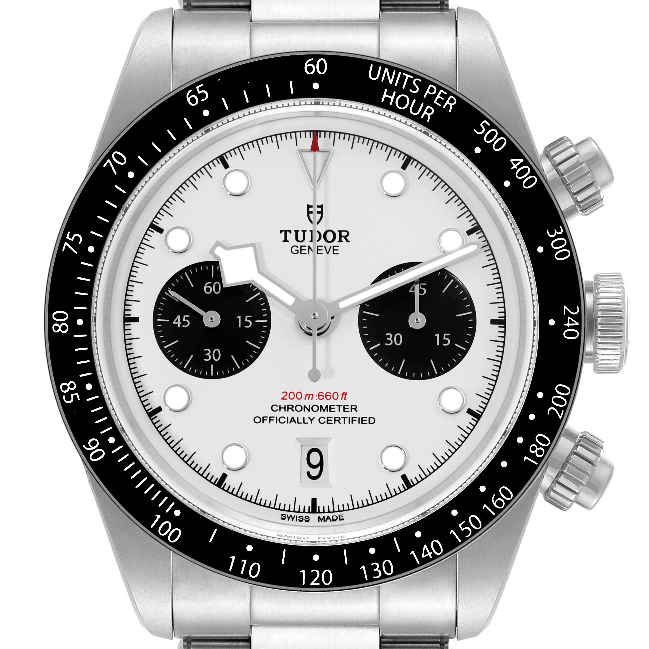 This image shows the front view of the Tudor Heritage Black Bay M79360N-0002 Men's Stainless Steel White Dial M79360N-0002 Men's Stainless Steel White Dial watch, highlighting its dial, bezel, and chronograph features.