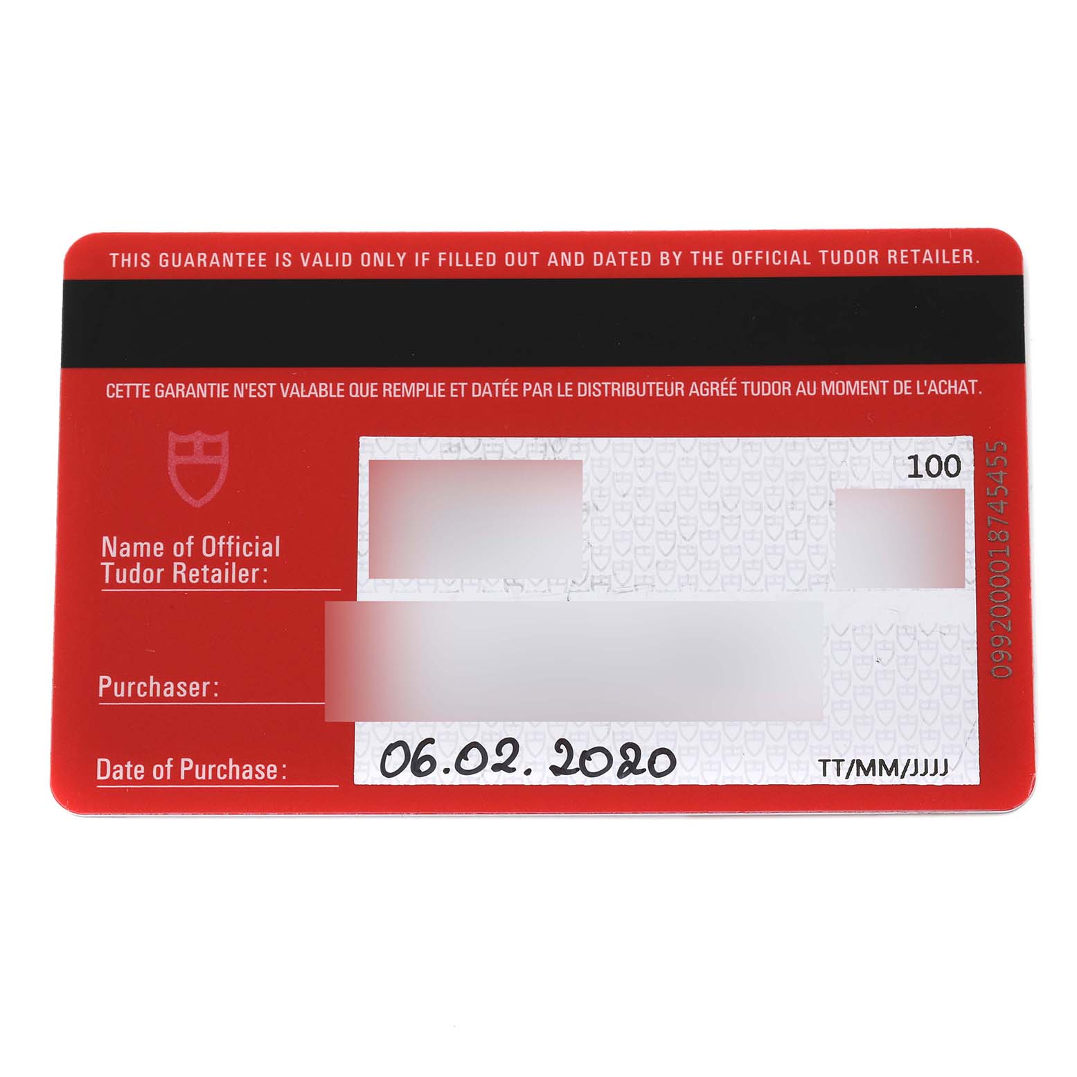 The image shows a warranty card for the Tudor Pelagos 25610TNL Men
s Titanium Black Dial 25610TNL Men
s Titanium Black Dial model watch, filled with purchase details.