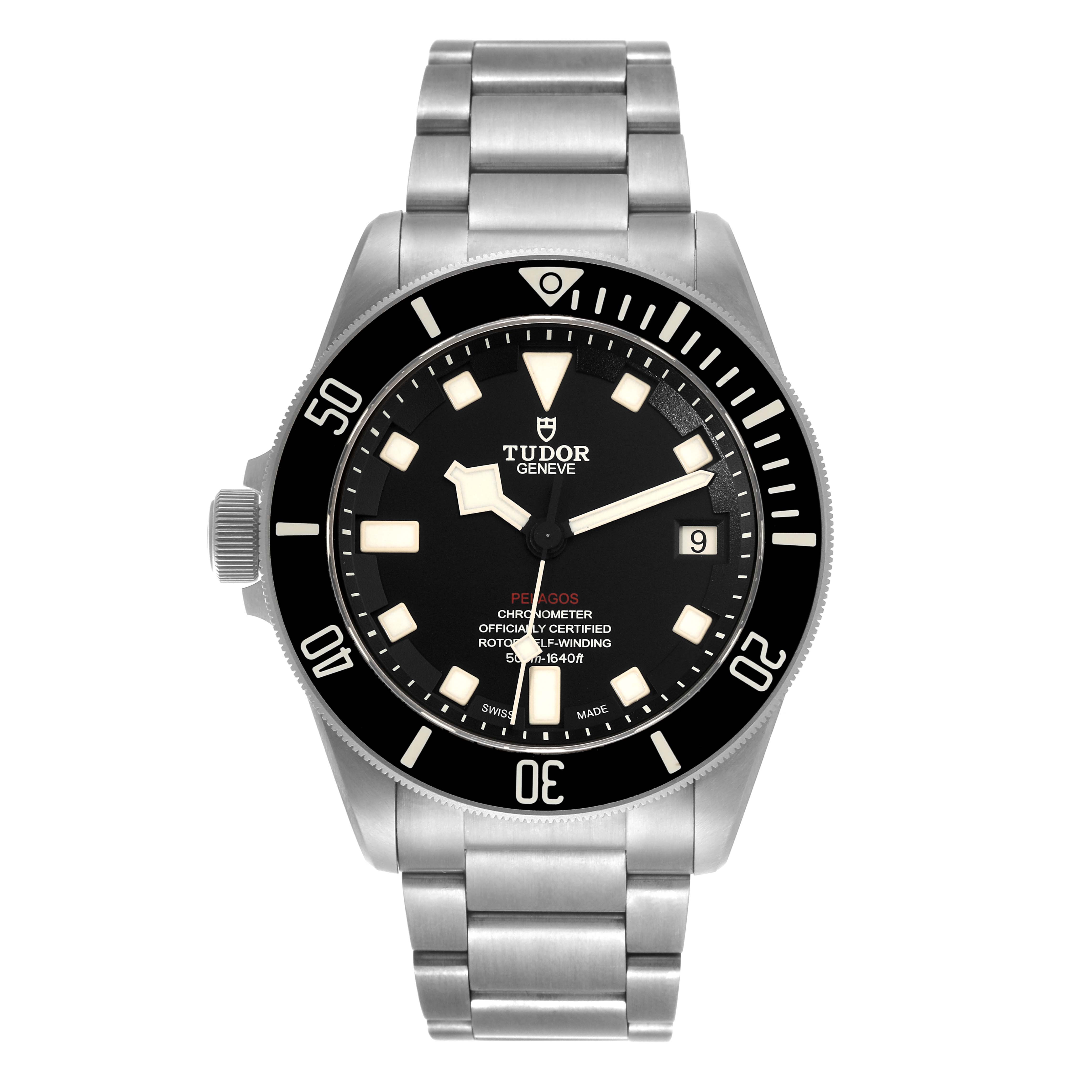 The image shows a front view of the Tudor Pelagos 25610TNL Men
s Titanium Black Dial 25610TNL Men
s Titanium Black Dial watch, highlighting its dial, bezel, and metal bracelet.