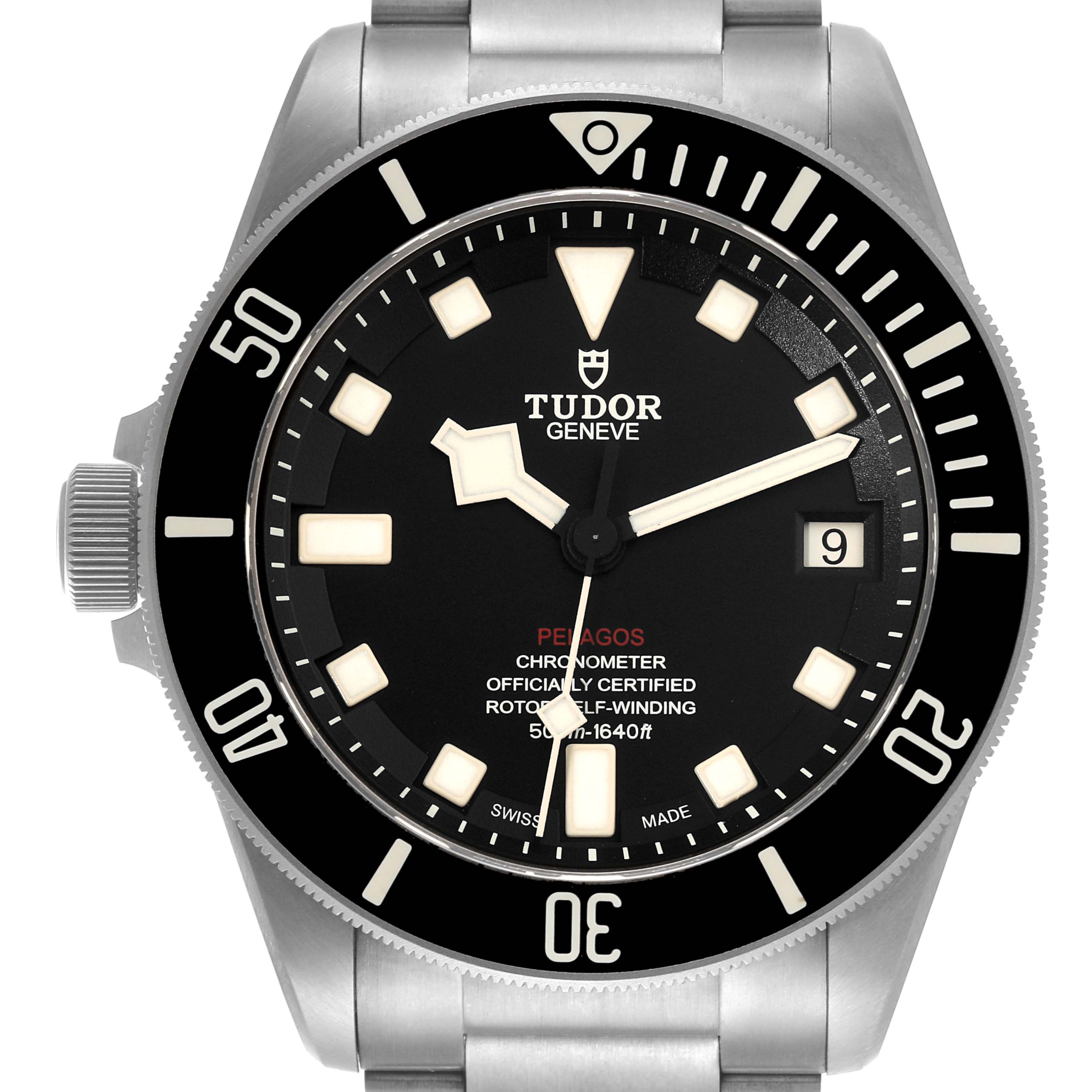 This image shows a frontal view of the Tudor Pelagos 25610TNL Men
s Titanium Black Dial 25610TNL Men
s Titanium Black Dial watch, featuring its dial, bezel, crown, and part of the bracelet.