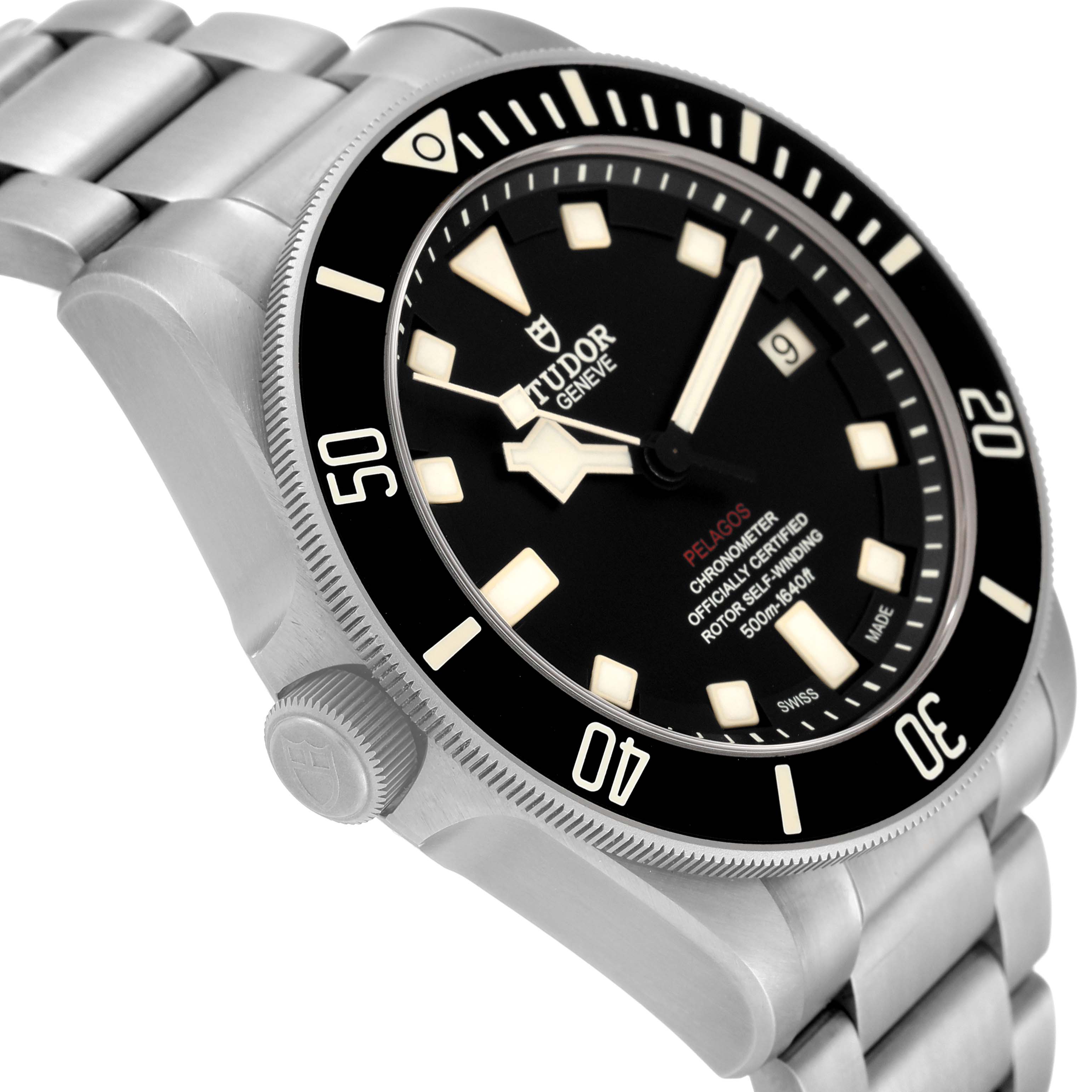 The Tudor Pelagos 25610TNL Men
s Titanium Black Dial 25610TNL Men
s Titanium Black Dial watch is shown at an angle from the left side, highlighting the face, bezel, and part of the bracelet.