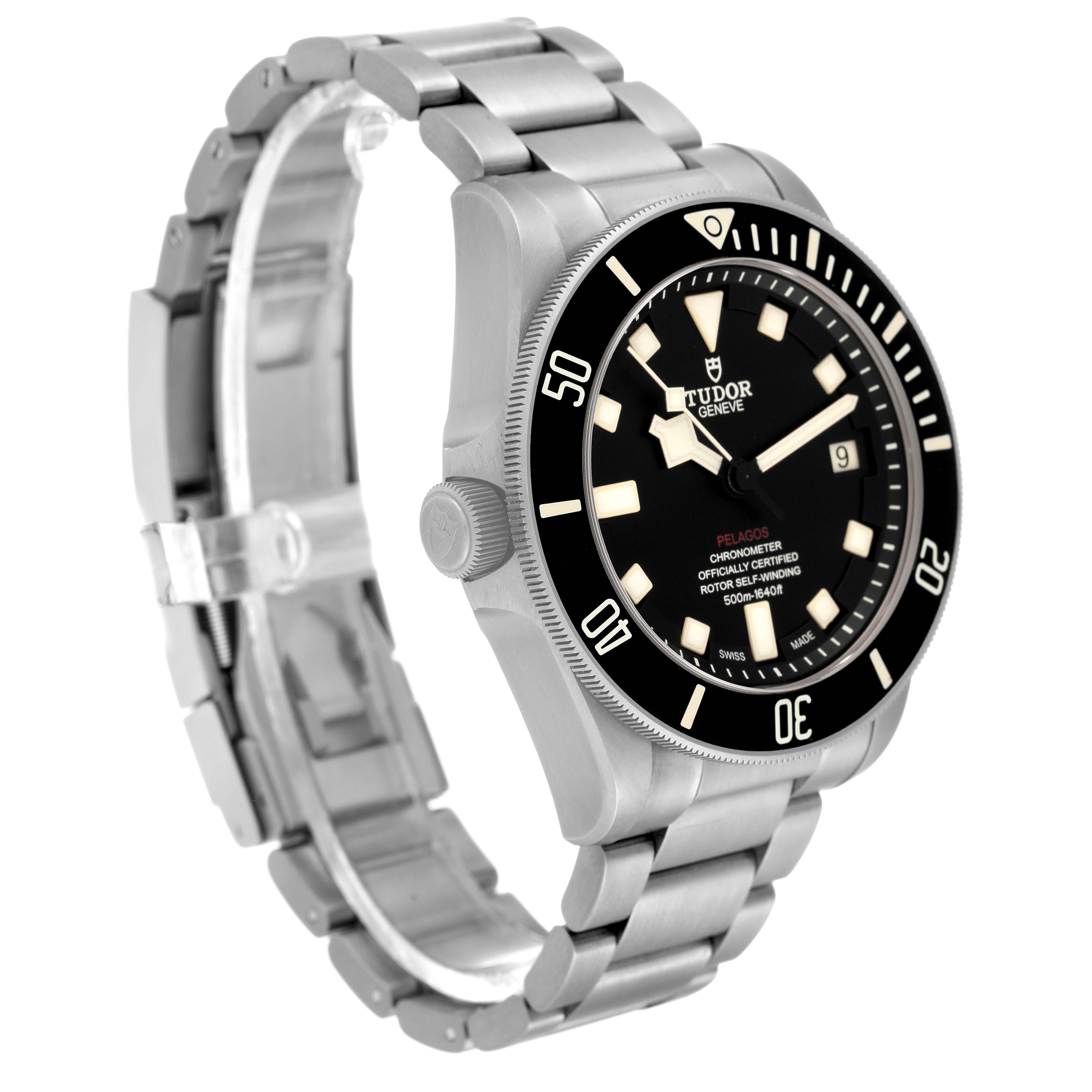 This image shows a side angle of the Tudor Pelagos 25610TNL Men
s Titanium Black Dial 25610TNL Men
s Titanium Black Dial watch, featuring its bracelet, bezel, and dial.