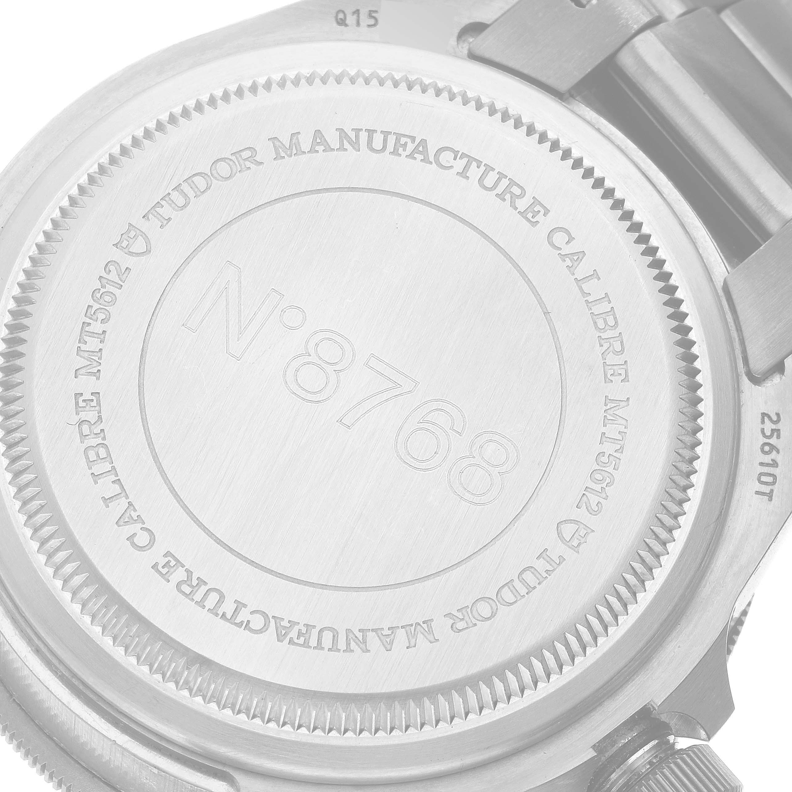 This image shows the back case of a Tudor Pelagos 25610TNL Men
s Titanium Black Dial 25610TNL Men
s Titanium Black Dial watch, highlighting the caliber number and model details.