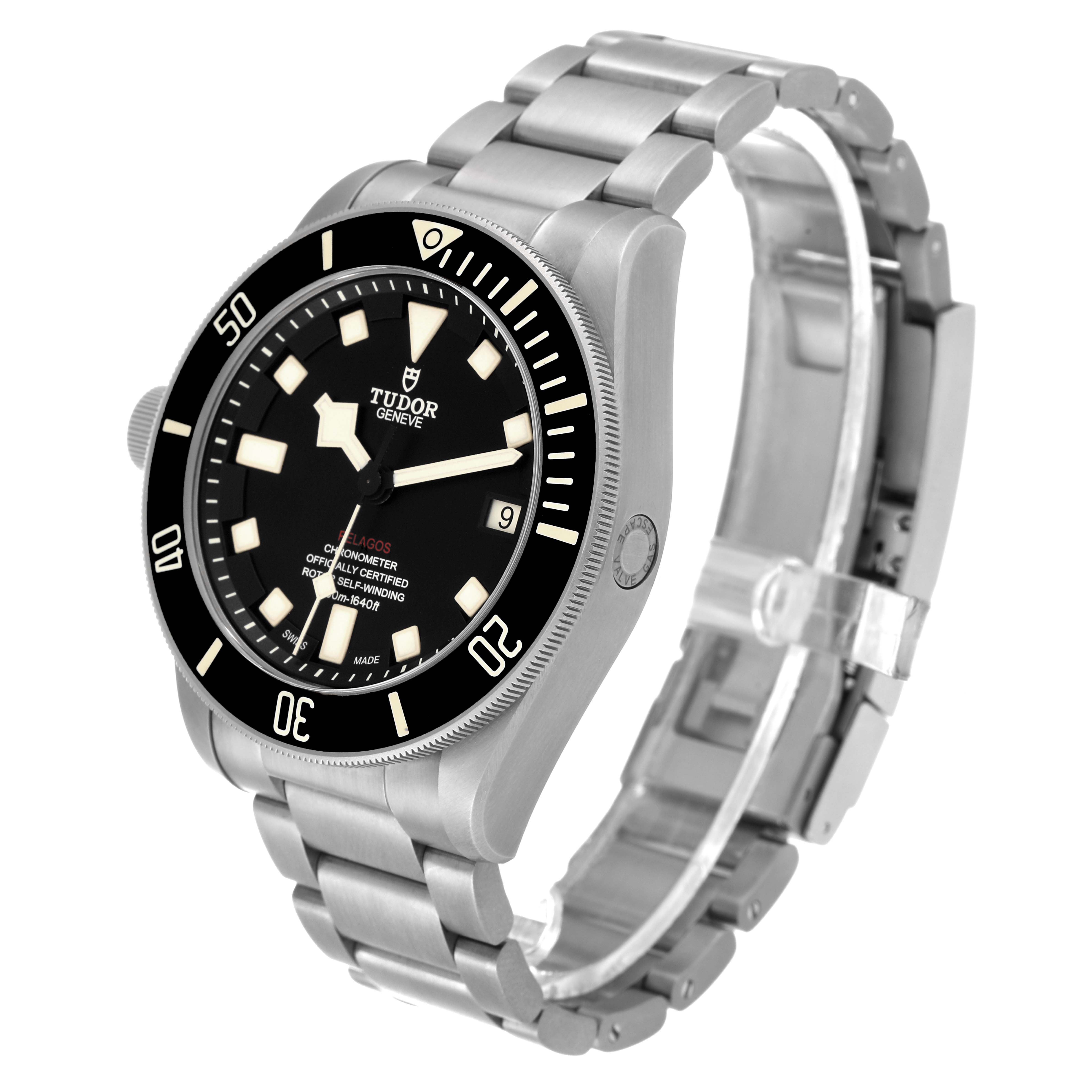 The Tudor Pelagos 25610TNL Men
s Titanium Black Dial 25610TNL Men
s Titanium Black Dial watch is shown at a three-quarter angle, highlighting its face, bezel, and stainless steel bracelet.
