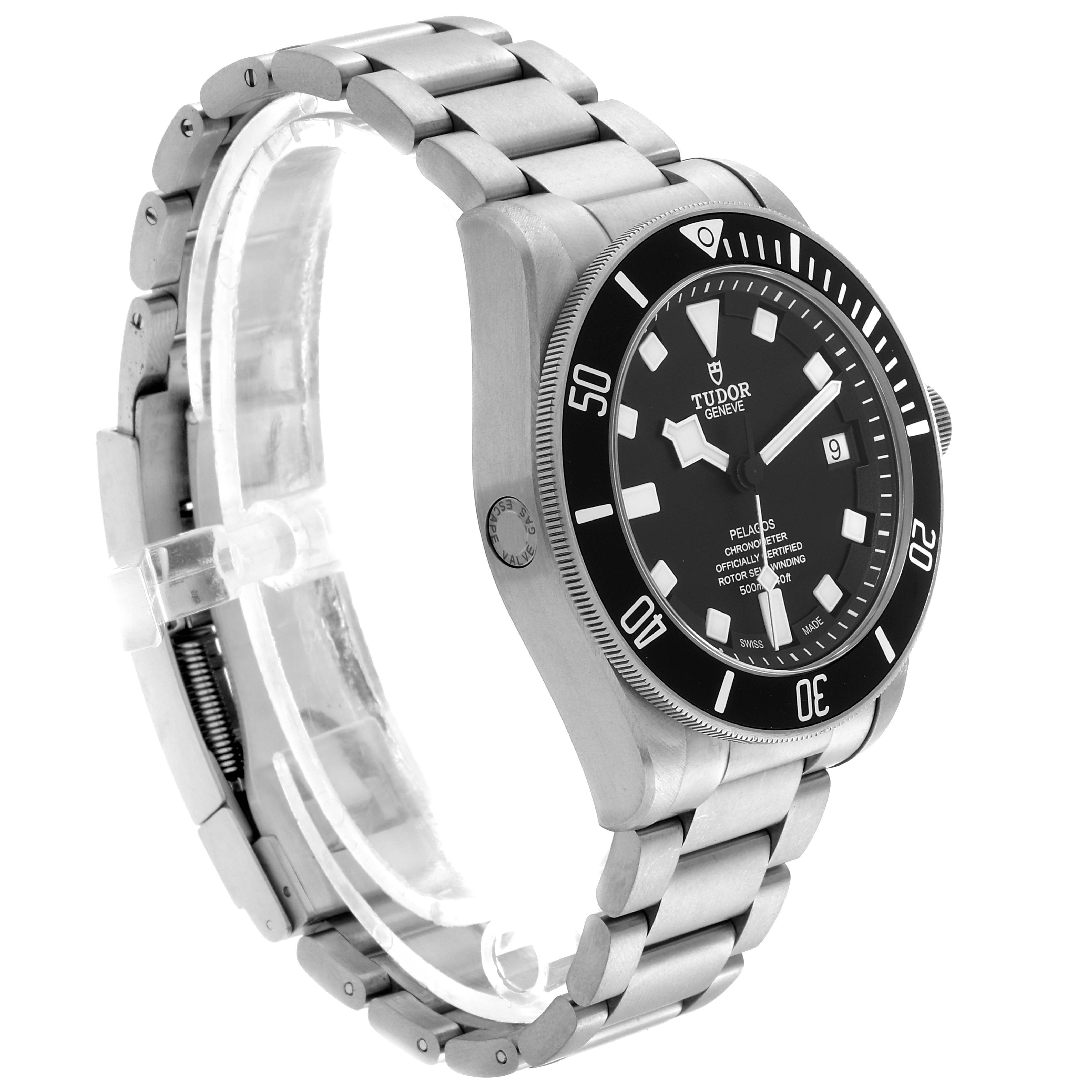 This image shows a side angle of the Tudor Pelagos 25500TN Men's Titanium Black Dial 25500TN Men's Titanium Black Dial watch, highlighting its bezel, dial, crown, and metal bracelet.